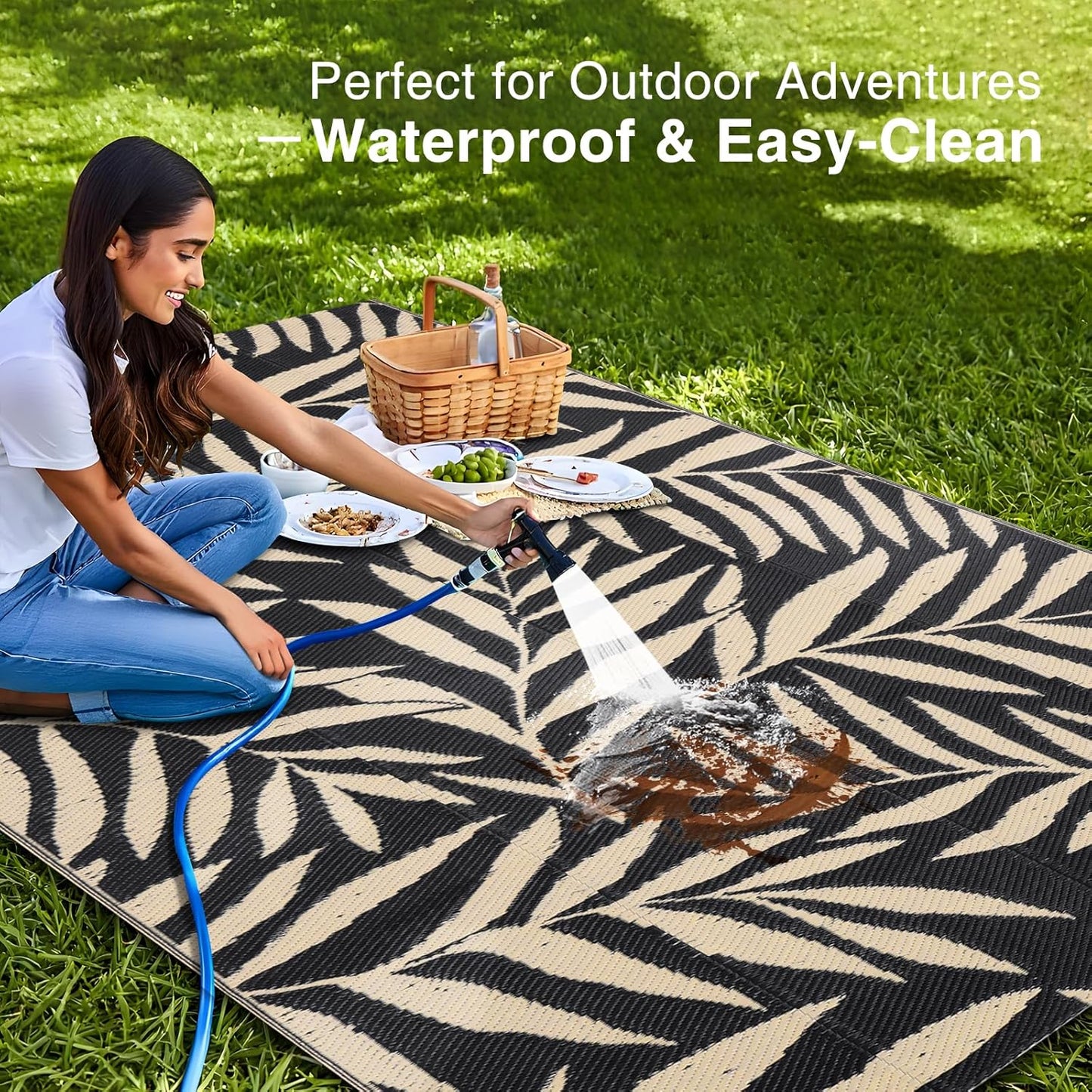 OLANLY Waterproof Outdoor Rug 5x8 ft, Reversible Outdoor Plastic Straw Rug with Leaf Pattern, RV Mat, Indoor Outdoor Carpet for Patio, Camping, Balcony, Deck, Backyard, Black & Beige