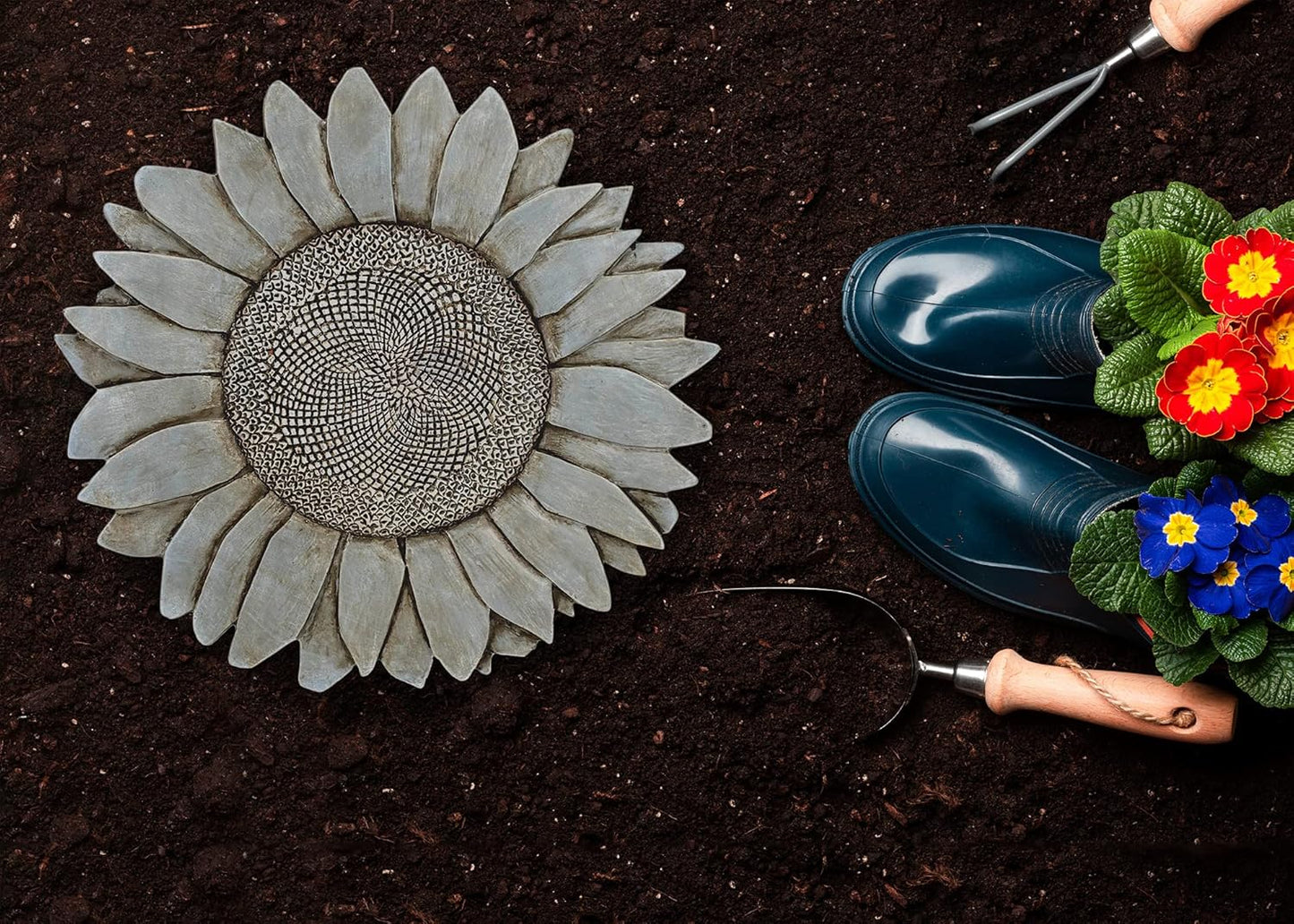NAT & Jules Sunflower Shaped Dimensional Indoor Outdoor 12 inch Cast Resin Decorative Garden Stepping Stone, Patio, Walkway Sculpture Yard Art, Stone Grey