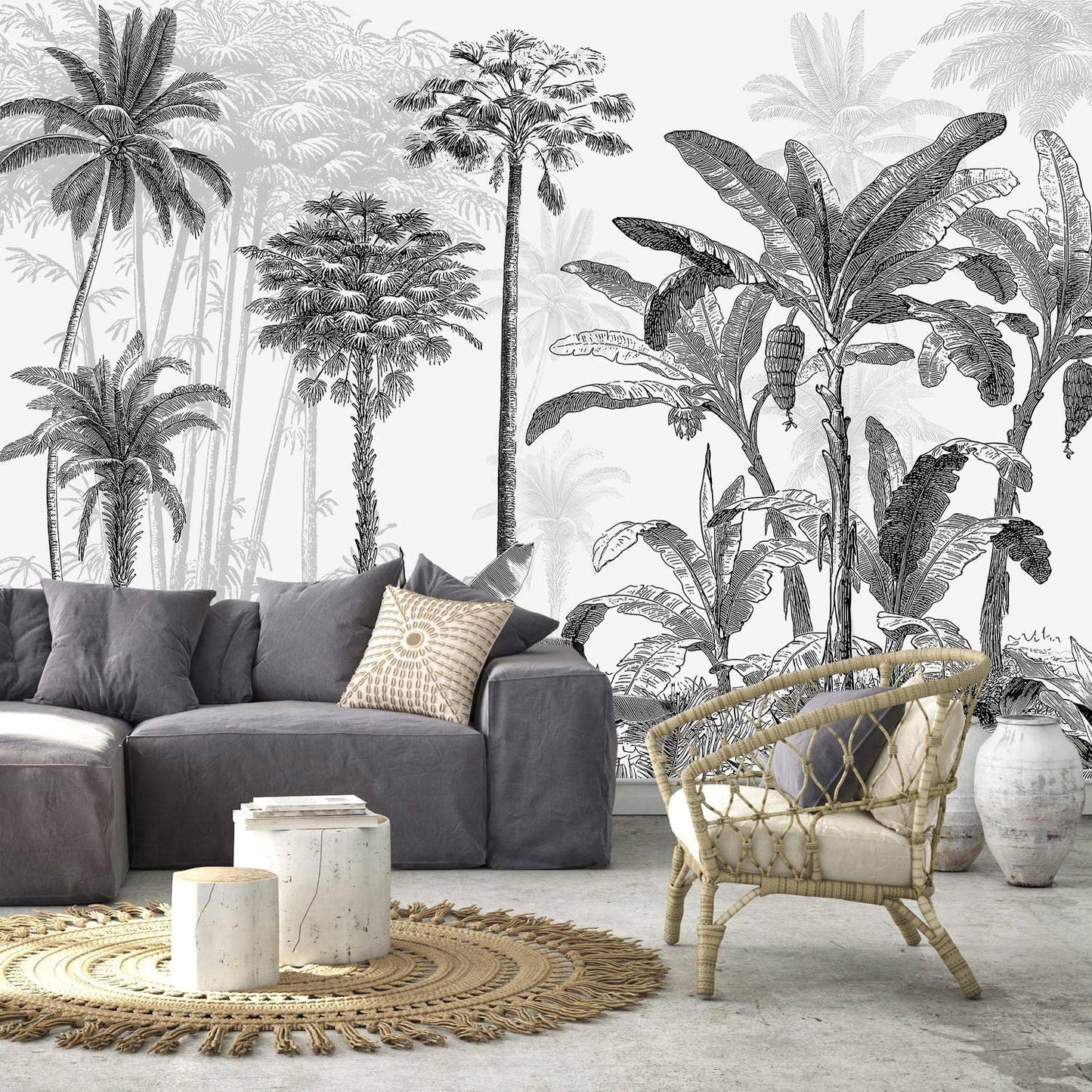 AFZEVEB-Black and White Jungle Wallpaper Hand-Painted Tree Wall murals for Bedroom 114"x74" (Not Peel and Stick)