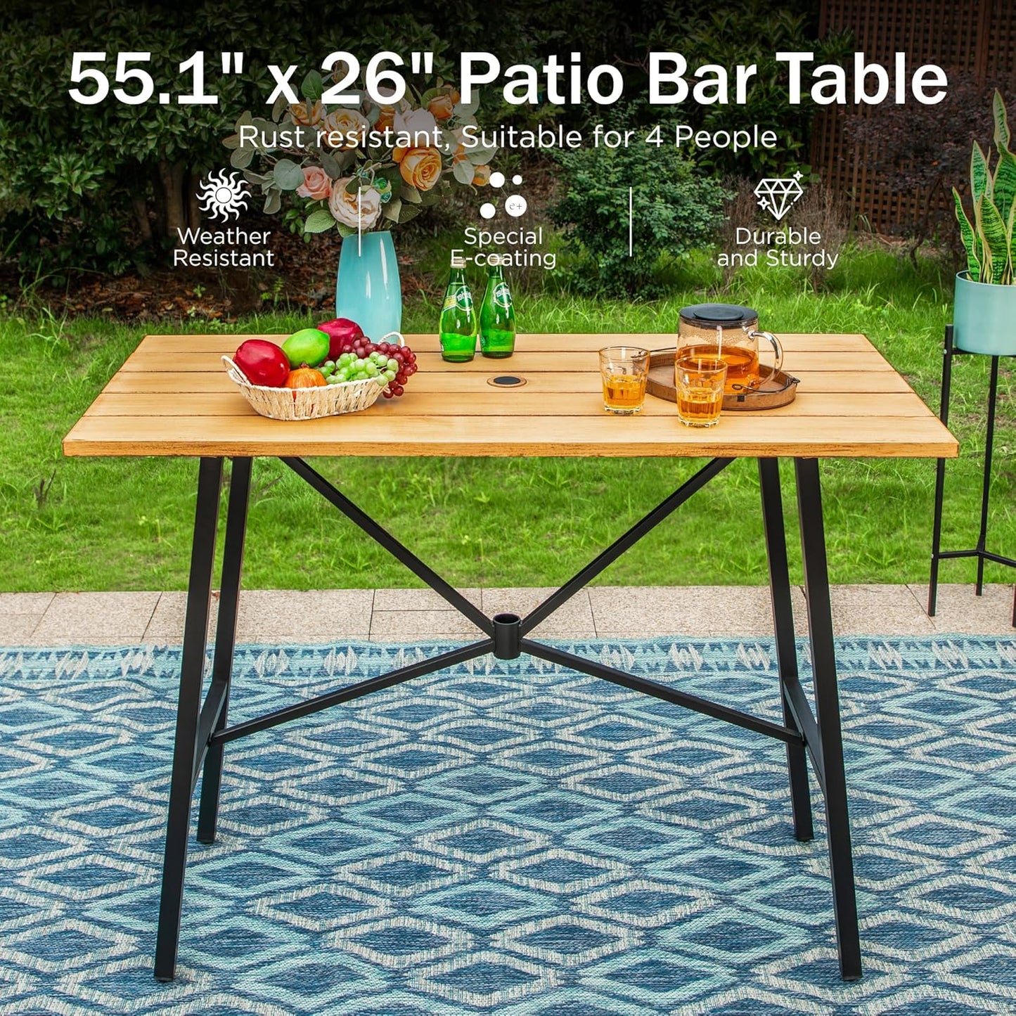 PHI VILLA Bar Height Patio Dining Table, 41" Wood Like Outdoor Bar Table, Rectangle Steel Slatted Bar Dining Table with 1.57" Umbrella Hole for Patio, Garden, Yard, Yellow