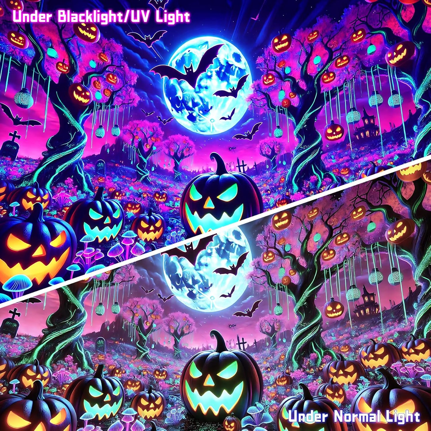 AOHMPT Glow-in-the-Dark Halloween Tapestry - UV Reactive Black Light Wall Hanging Decor for Spooky Parties, Bedroom, Living Room (Pumpkin-Bat, 79L x 59W, Unframed)
