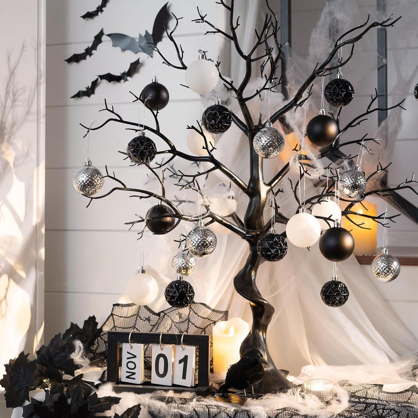 Valery Madelyn Christmas Tree Decorations Ornament Set for Fall Halloween, 50ct 2 Inches Black and White Shatterproof Christmas Ball Ornaments Hanging Xmas Holiday Party Decor