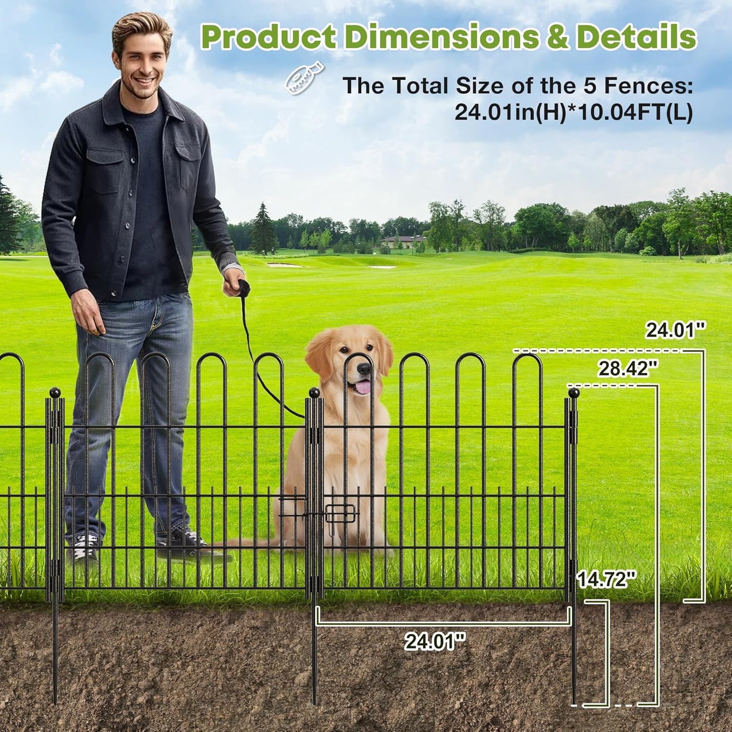 5 Panels Decorative Garden Fence with U-Shape and Latch Gate, 24.01in (H) X 10.04ft (L) Dog Fence Outdoor for Yard Security, Garden Fencing Includes Deep Stakes