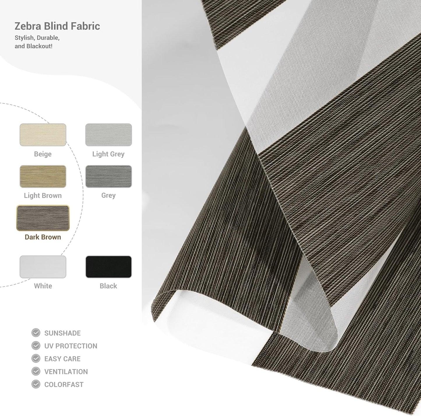 Cordless Zebra Blinds for Windows, Blackout Interior Blinds,Easy to Install,UV Protection,for Offices and Home,Custom Roller Shades, Mousse Dark Bown,57" W x 48" H