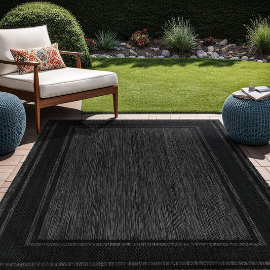 Beverly Rug Outdoor Rug 8x10 Modern Bordered Area Rugs for Indoor and Outdoor Patio Deck Porch Garden Waterproof Weather Sun Resistant Washable Outside Carpet (8 x 10 Black)