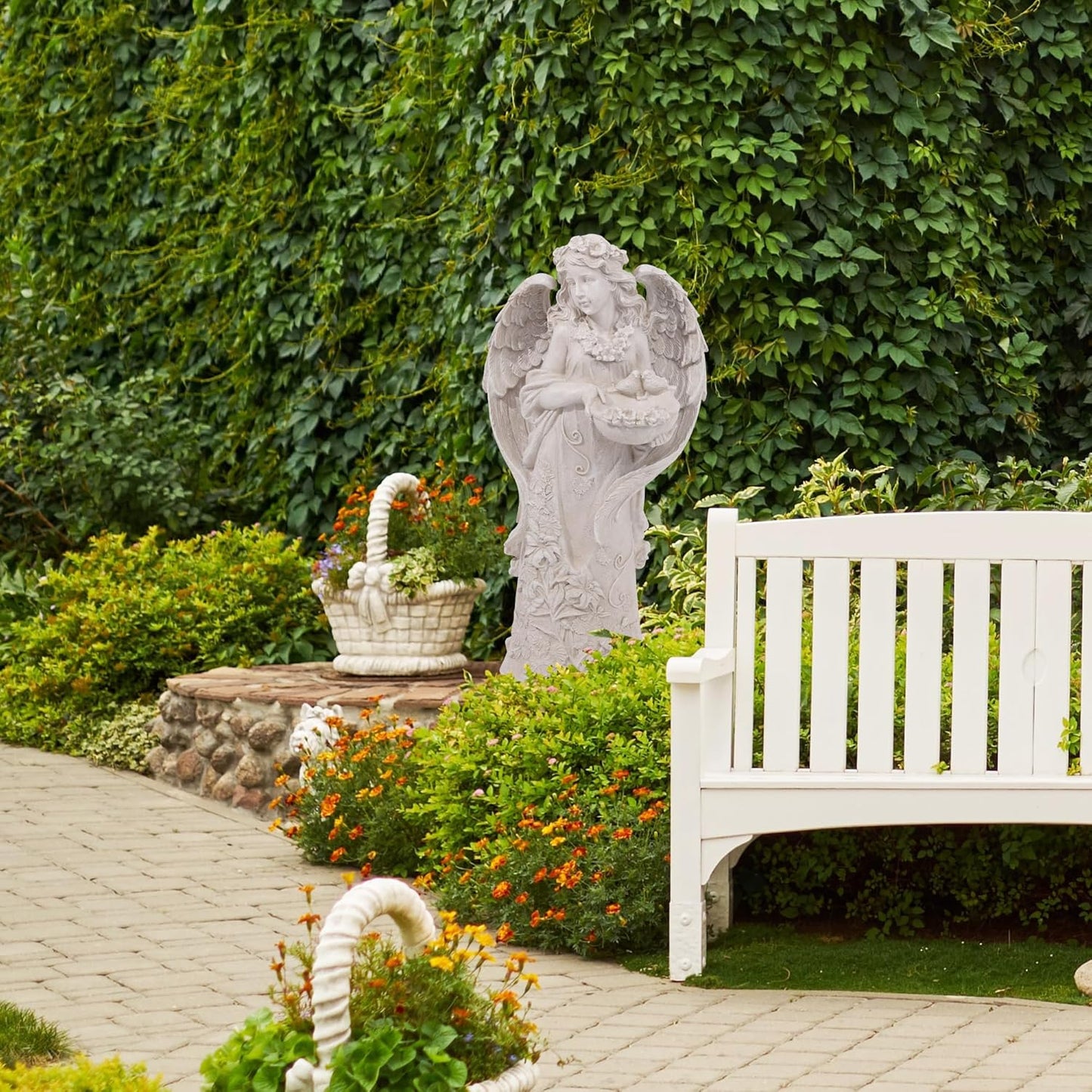 Outdoor Statues Angel Décor Garden Statue,23.5" H Angel Statue, Resin Angel with Bird Figurine,Gifts for Women and Men,Outdoor Garden Decor Ornaments for Outside (White)