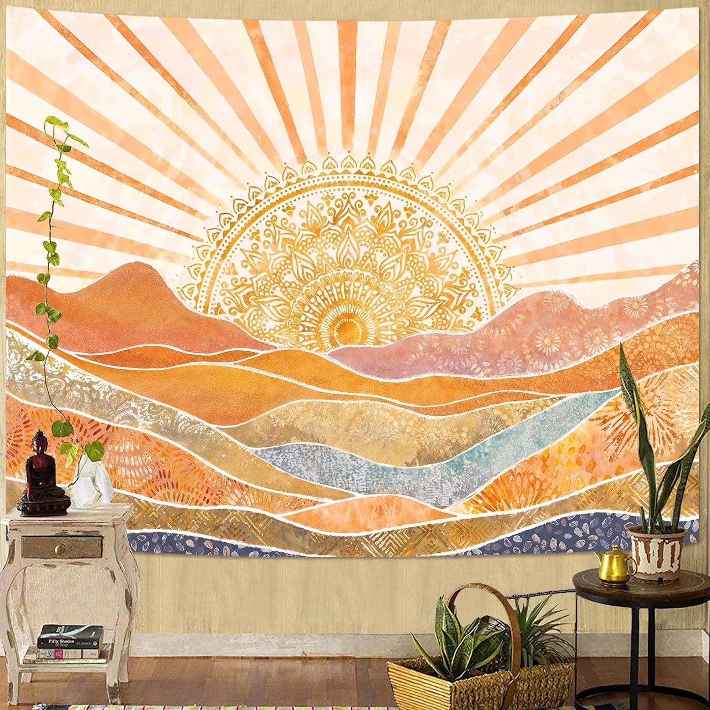 Lunerfex Bohemian Mandala Sunrise Wall Tapestry, Abstract Mountain Scenery Tapestries for Home Decor, Boho Tapestry 90x70 Inch