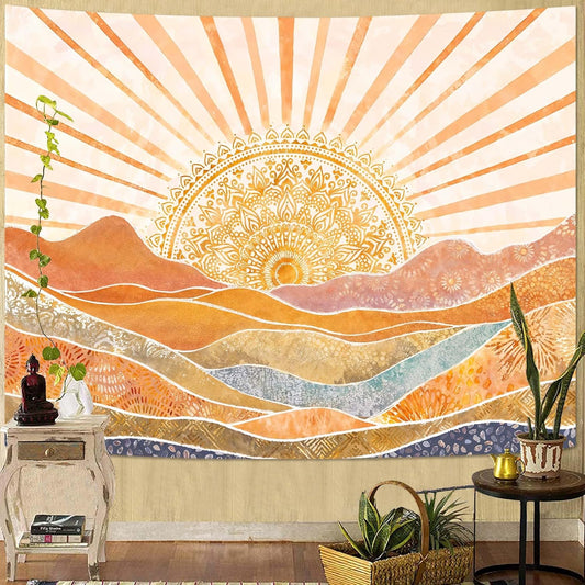 Lunerfex Bohemian Mandala Sunrise Wall Tapestry, Abstract Mountain Scenery Tapestries for Home Decor, Boho Tapestry 80x60 Inch