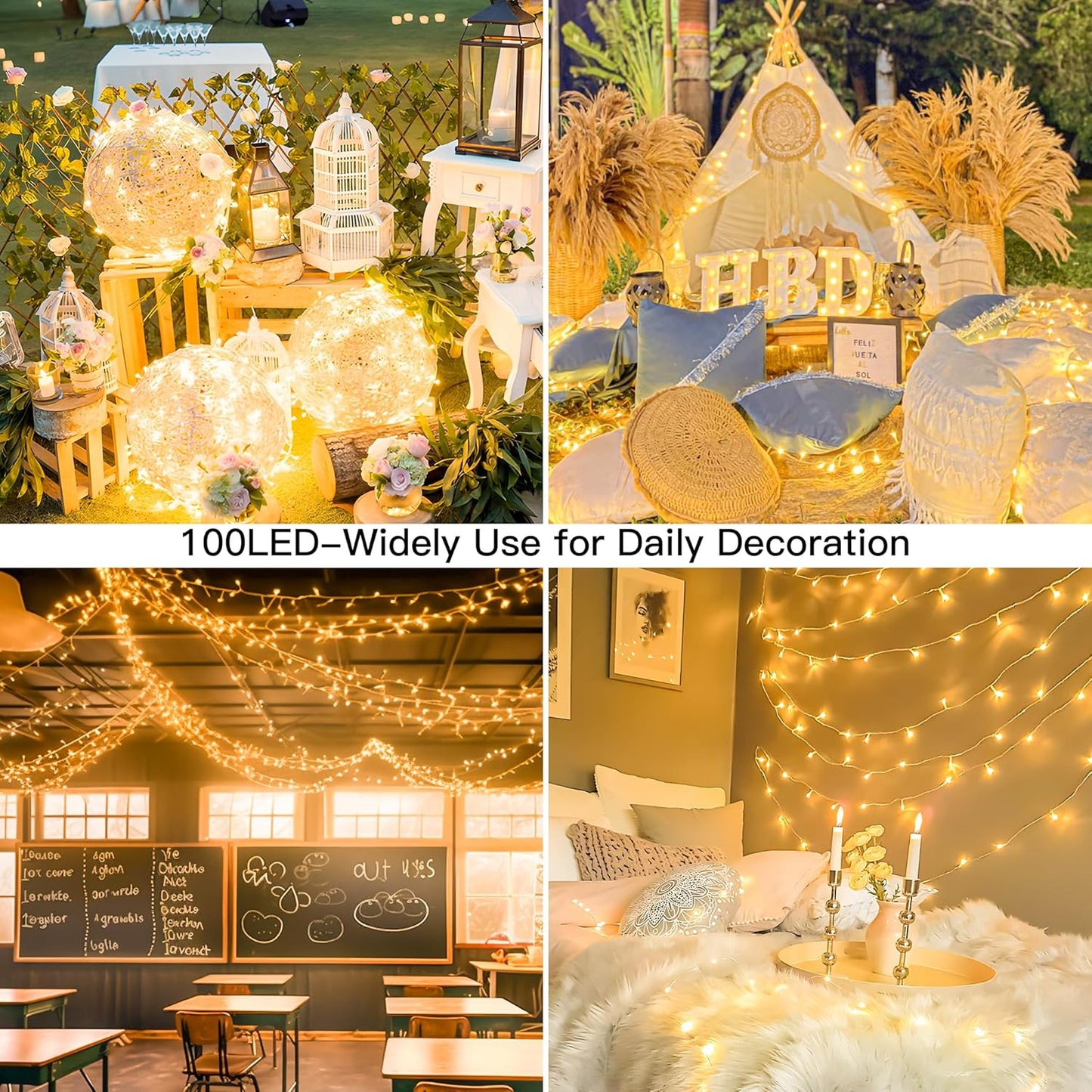 String Lights Indoor Bedroom, 100 LED 33FT Fairy String Lights Outdoor Waterproof, 8 Modes Connectable Twinkle Christmas Light Plug in for Classroom Dorm Patio Tree Garden Decor(Warm White)