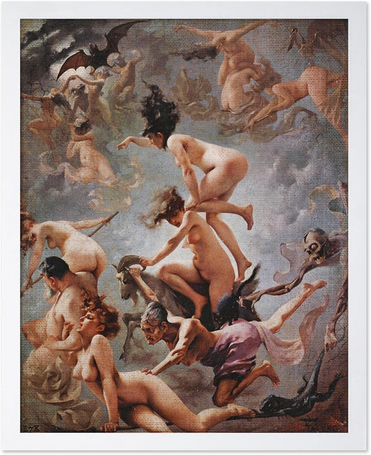 Poster Master Vintage Luis Ricardo Falero Poster - Retro Occult Print - Gift for Gothic, Horror Fan - Witches Going to their Sabbath, Pagan - Wall Decor for Bedroom, Dorm, 8x10 White Framed