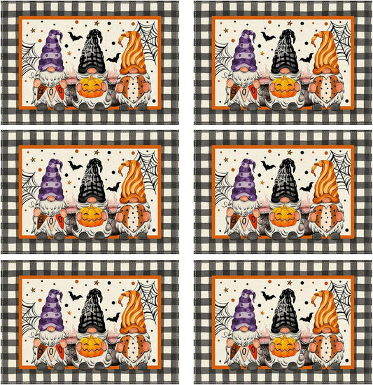 XCHI Spooky Boo Plaid Gnome Halloween Placemats Set of 6 Table Mats for Party Home Kitchen Dining Table Decorations 12x18 Inch