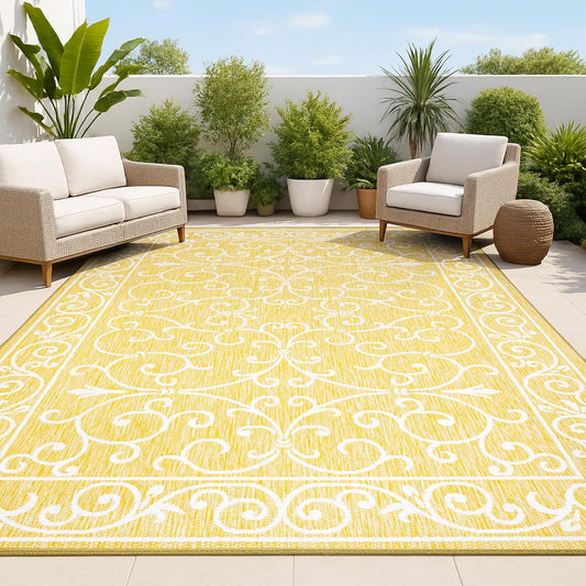 JONATHAN Y Vintage Filigree Indoor Outdoor Area Rug 5X8 Yellow/Cream, Charleston Textured Weave for Backyard, Patio, Porch, Easy-Cleaning, High Traffic, Pet-Friendly, Non-Shedding (SMB106L-5)