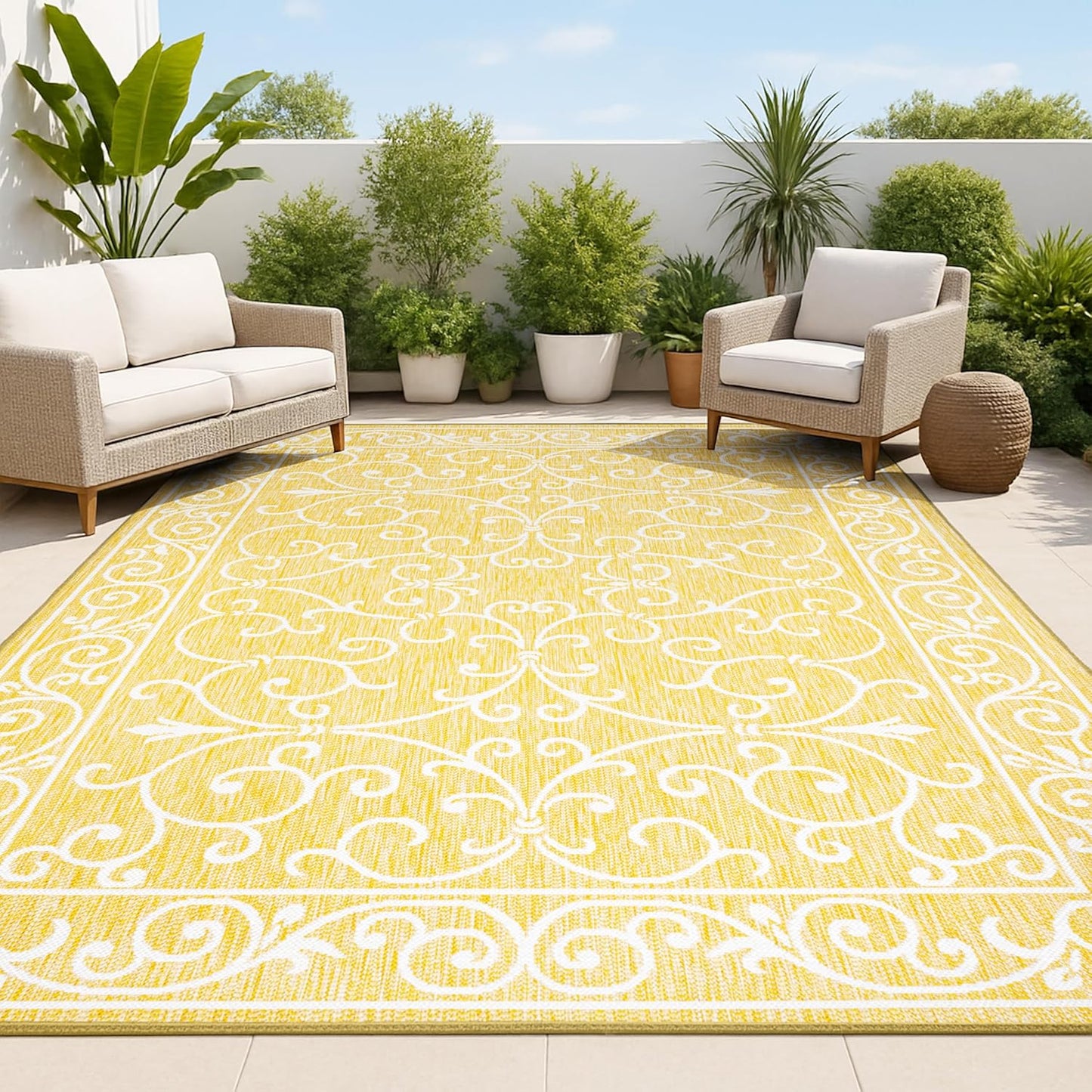 JONATHAN Y Vintage Filigree Indoor Outdoor Area Rug 8X10 Yellow/Cream, Charleston Textured Weave for Backyard, Patio, Porch, Easy-Cleaning, High Traffic, Pet-Friendly, Non-Shedding (SMB106L-8)