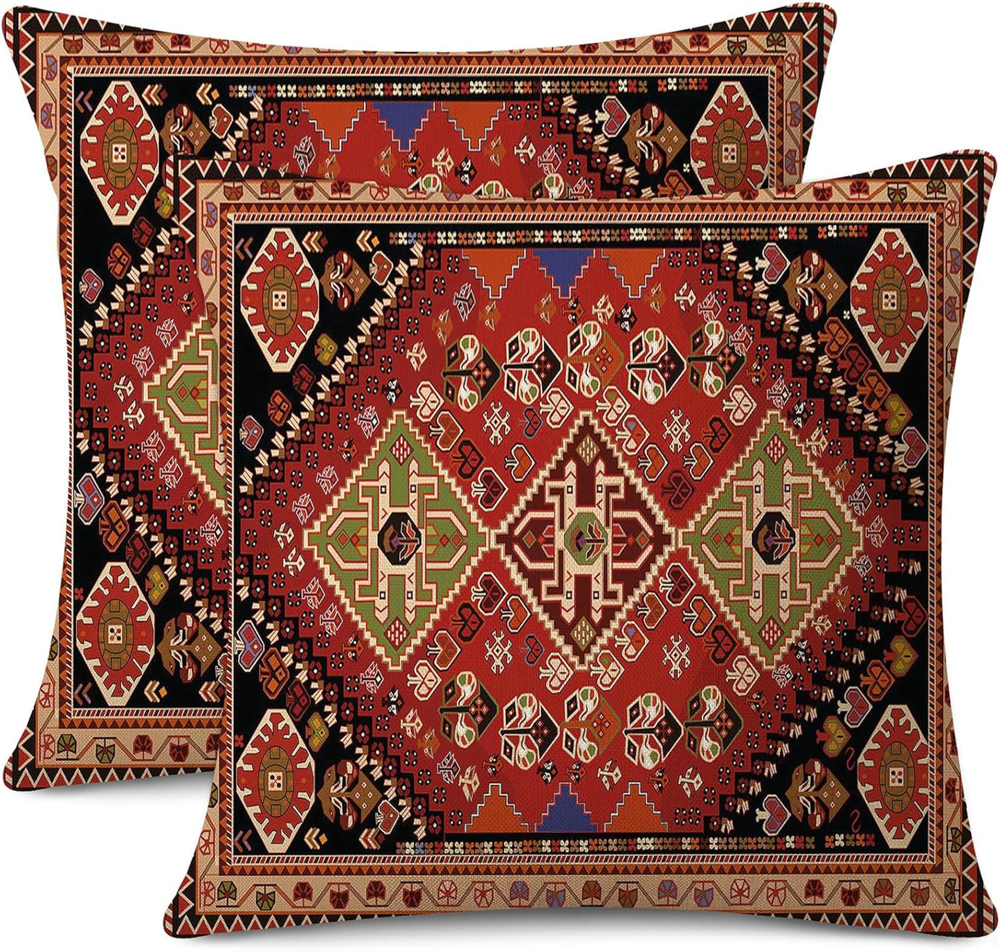 Outdoor Waterproof Pillow Covers 18x18 Inch Set of 2 Tribal Abstract Red and Black Vintage Carpet Pattern Decorative Farmhouse Pillow Covers for Couch Garden Balcony