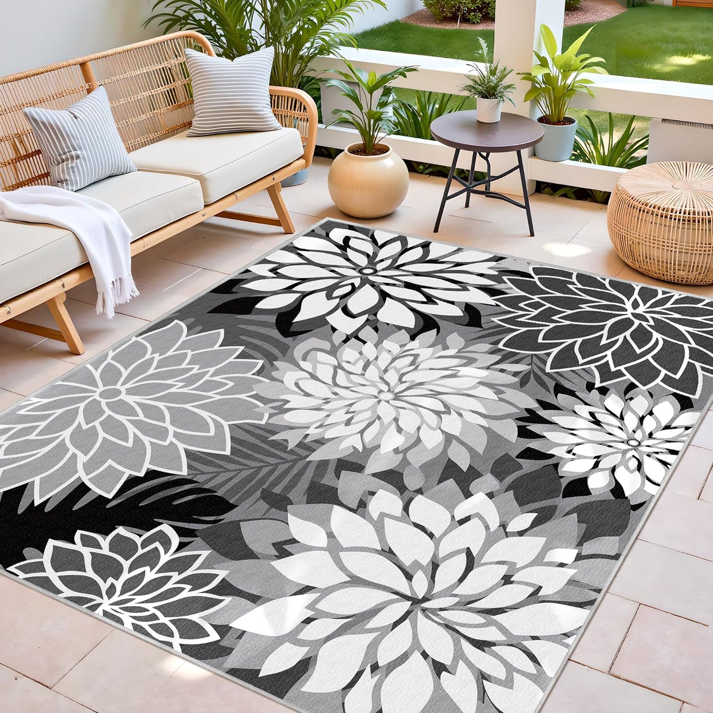 Indoor Outdoor Area Rug Washable Multicolored Rug Tropical Botanical Modern Floral Indoor Outdoor Carpet Black White Rug Non Slip Non Shedding for Patio, Deck, Backyard, Porch (5x8)