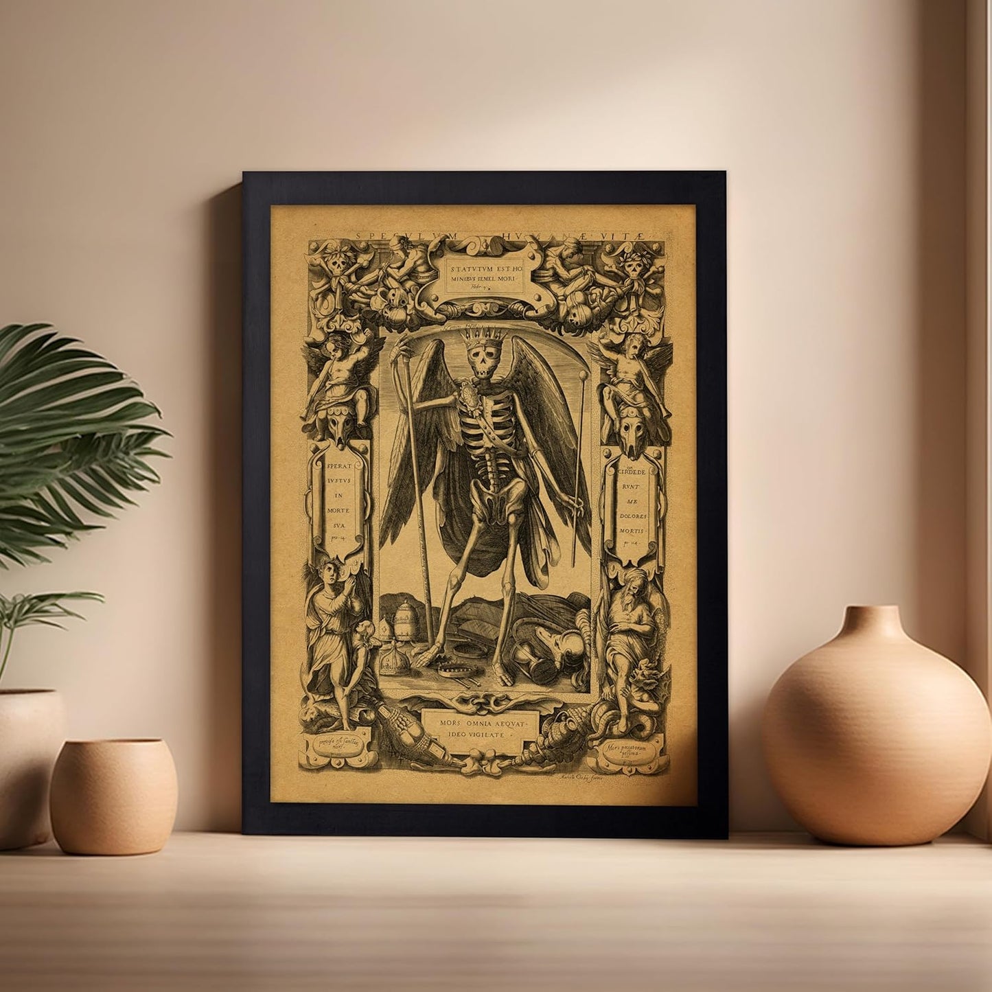 Poster Master Vintage Medieval Poster - Retro Gothic Print - Gift for Artist, Friend - Angel of Death, Memento Mori, Life, Skeleton, Dark - Wall Decor for Home, Living Room, 16x20 Black Framed