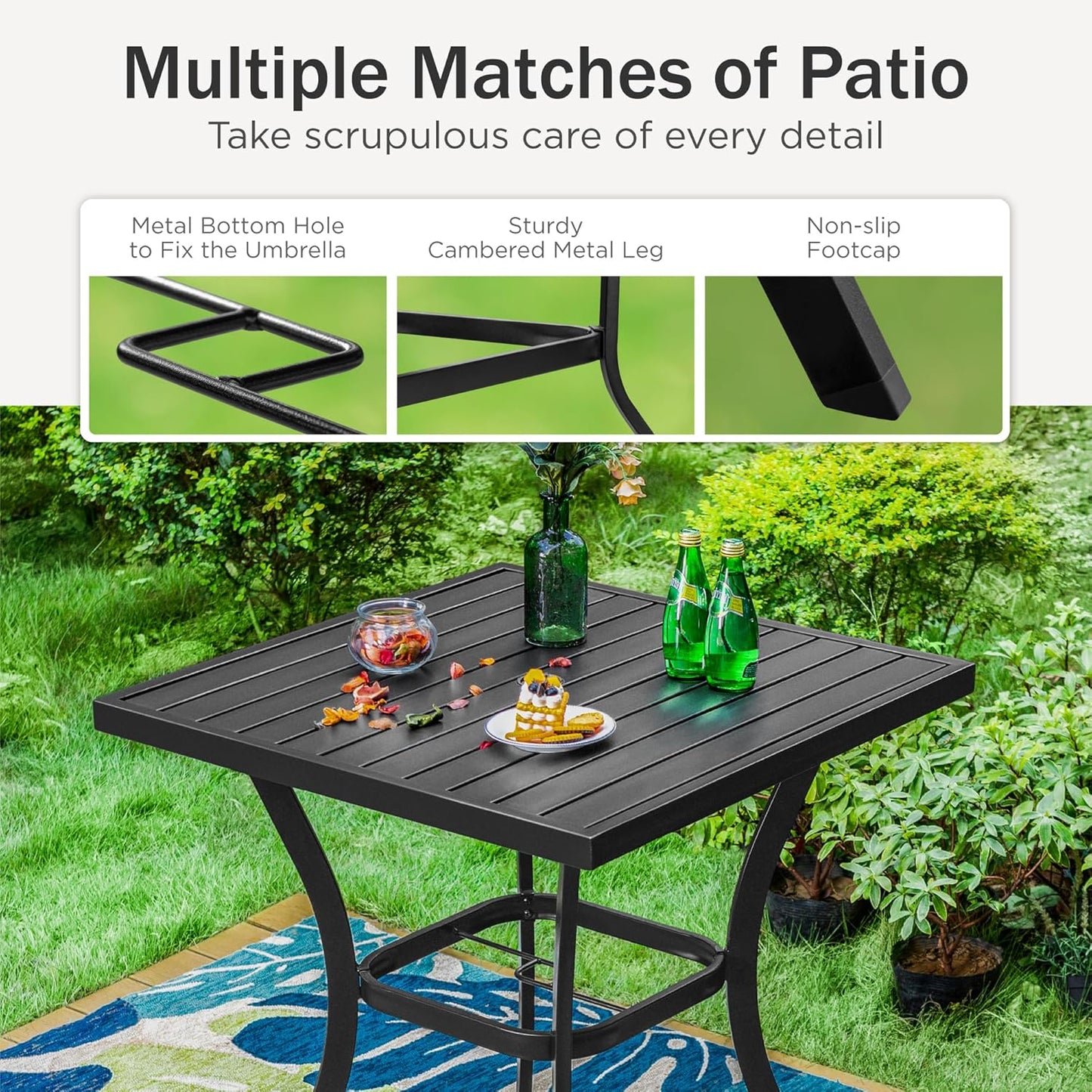 PHI VILLA Outdoor Patio 31" Square Height Bar Table with Umbrella Hole, 36" Height Coating Old Craft for Garden