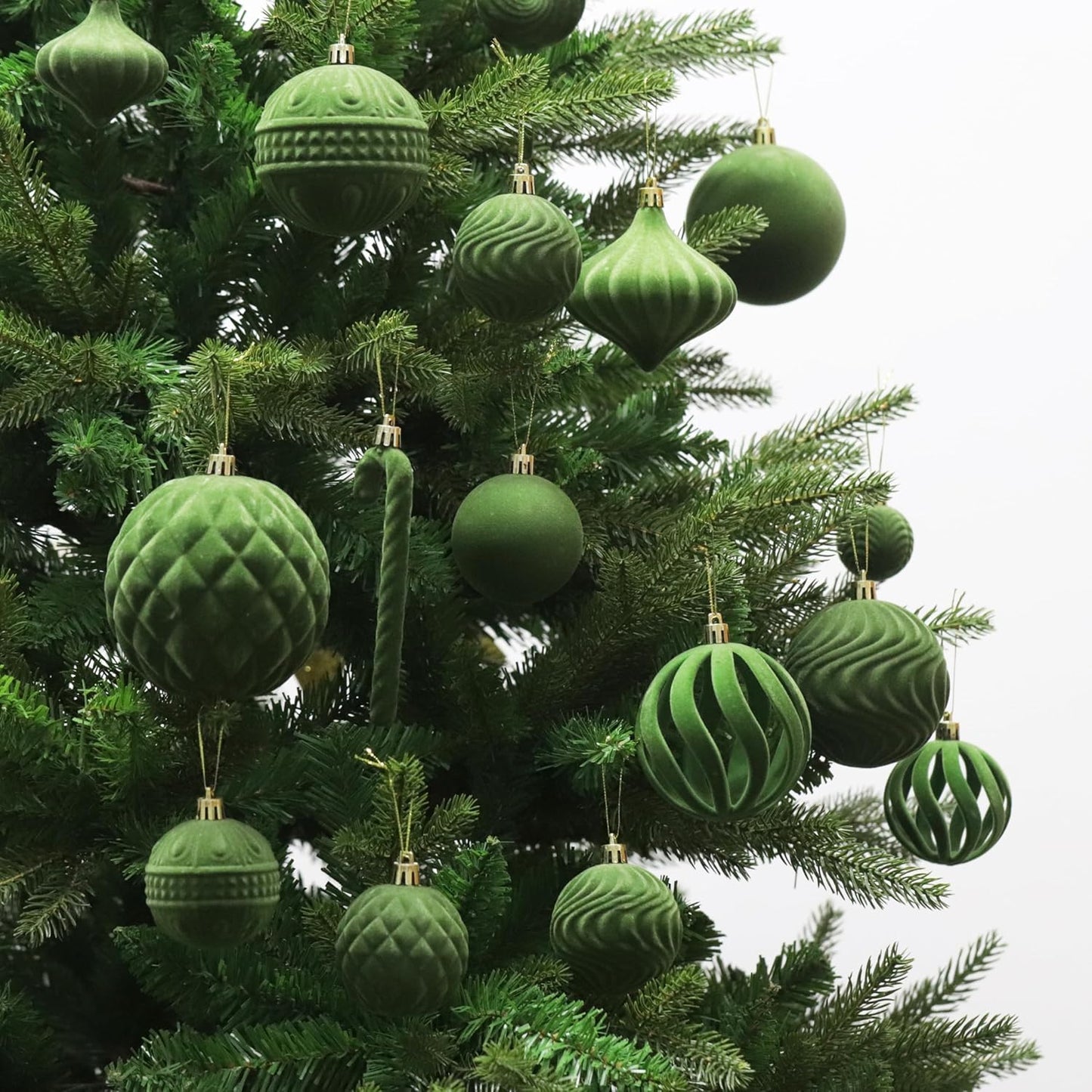 Senjie 2025 Velvet Christmas Ornaments Sets for Christmas,63pcs Xmas Tree Bulk Flocked Shatterproof Christmas Ornaments Balls Decoration Avocado Green