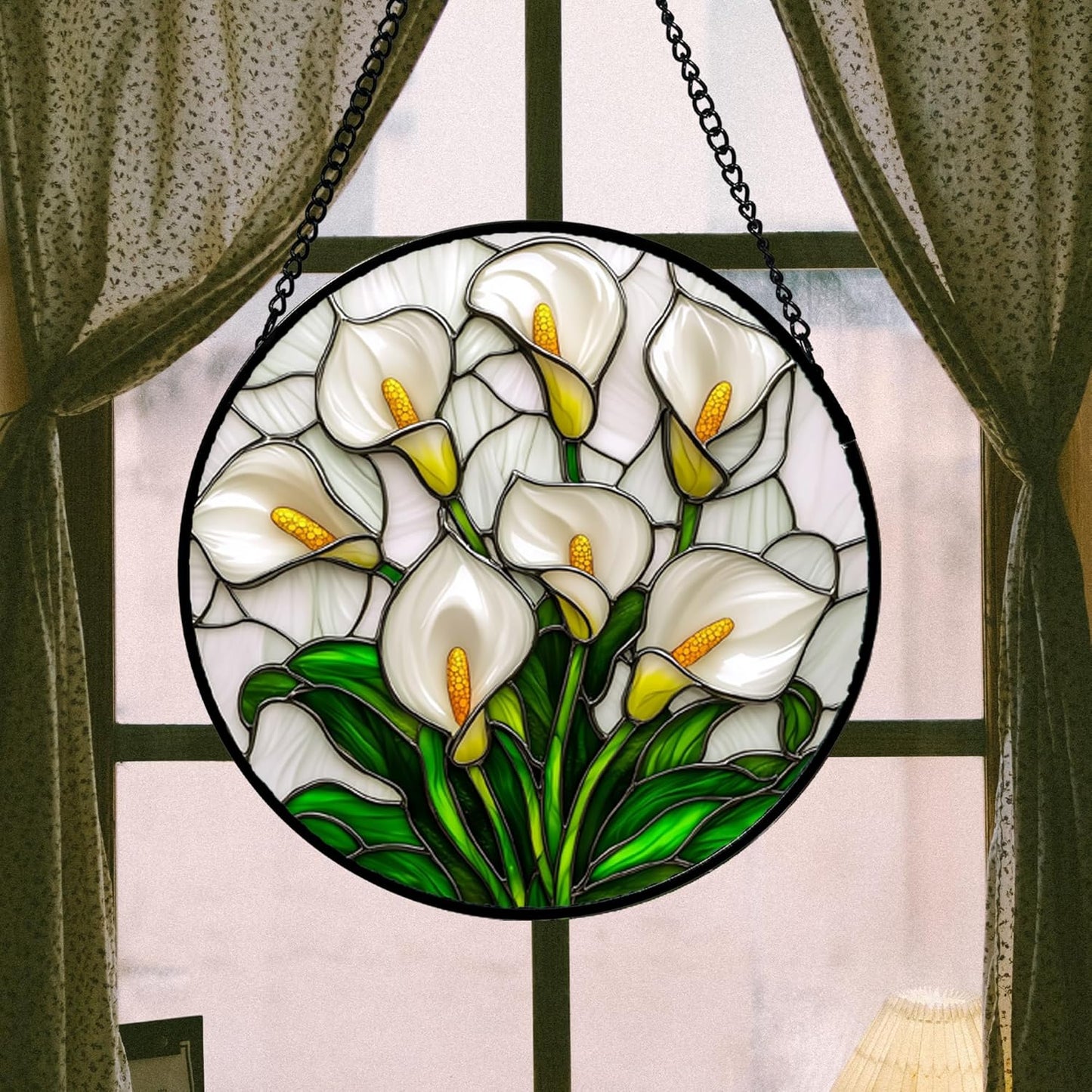 Stained Glass Window Hanging, White Calla Lily Suncatcher Diamond Glass Panel Hangings Flowers Sun Catchers Decor for Birthday for Women, Men, Wife, Aunt, and Mom 14.9x14.9 in