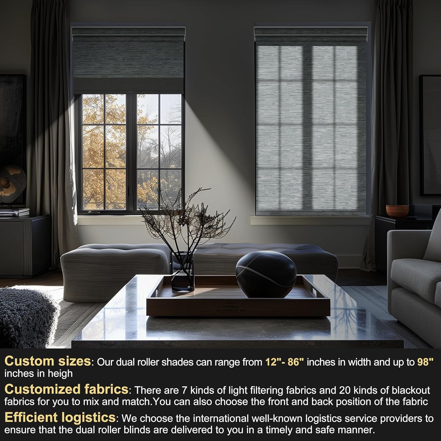 BERISSA Cordless Dual Roller Shades with Cassette Valance,Double Window Shades Blackout and Light Filtering Shades,Day and Night Roller Shades for Home Office Door.Striped Jacquard Grey.42 W x 72" H