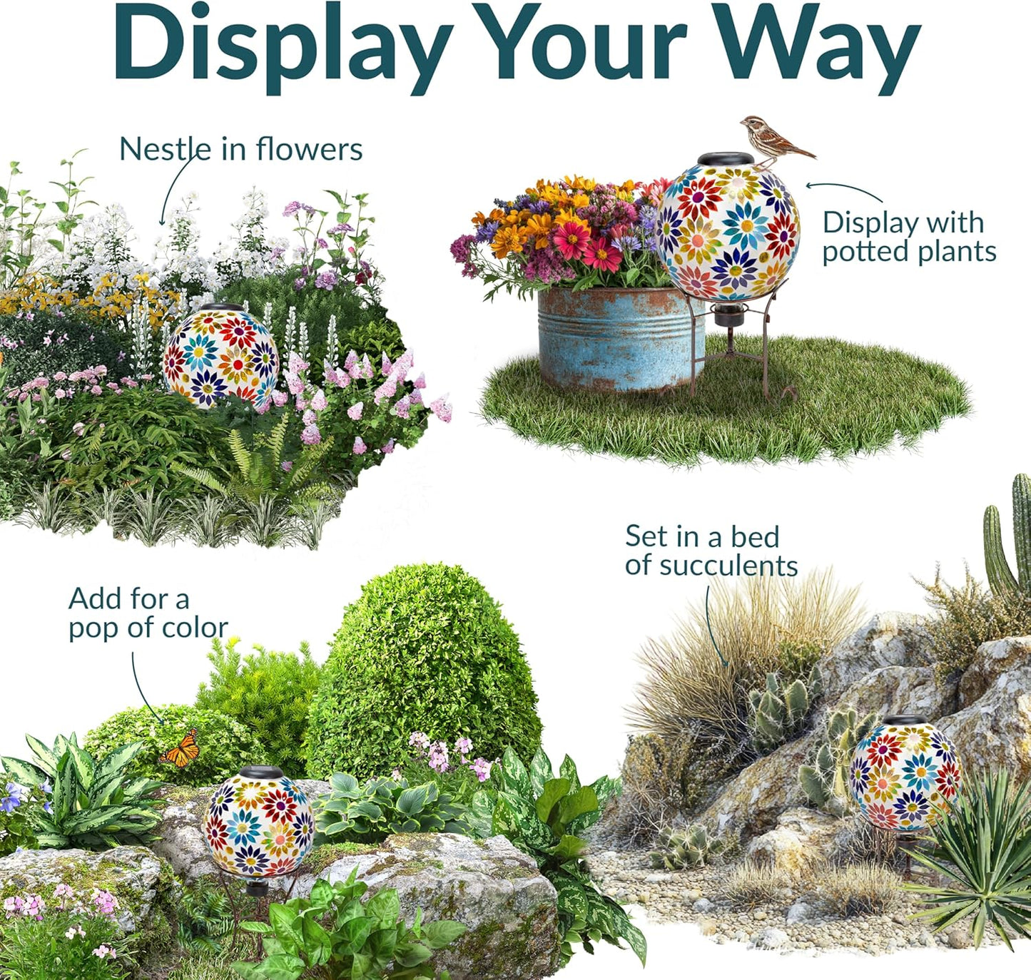 Sunnydaze 10 inch Solar Gazing Ball for Garden - Glass Outdoor Gazing Globe - Midsummer Dahlias - Set of 2