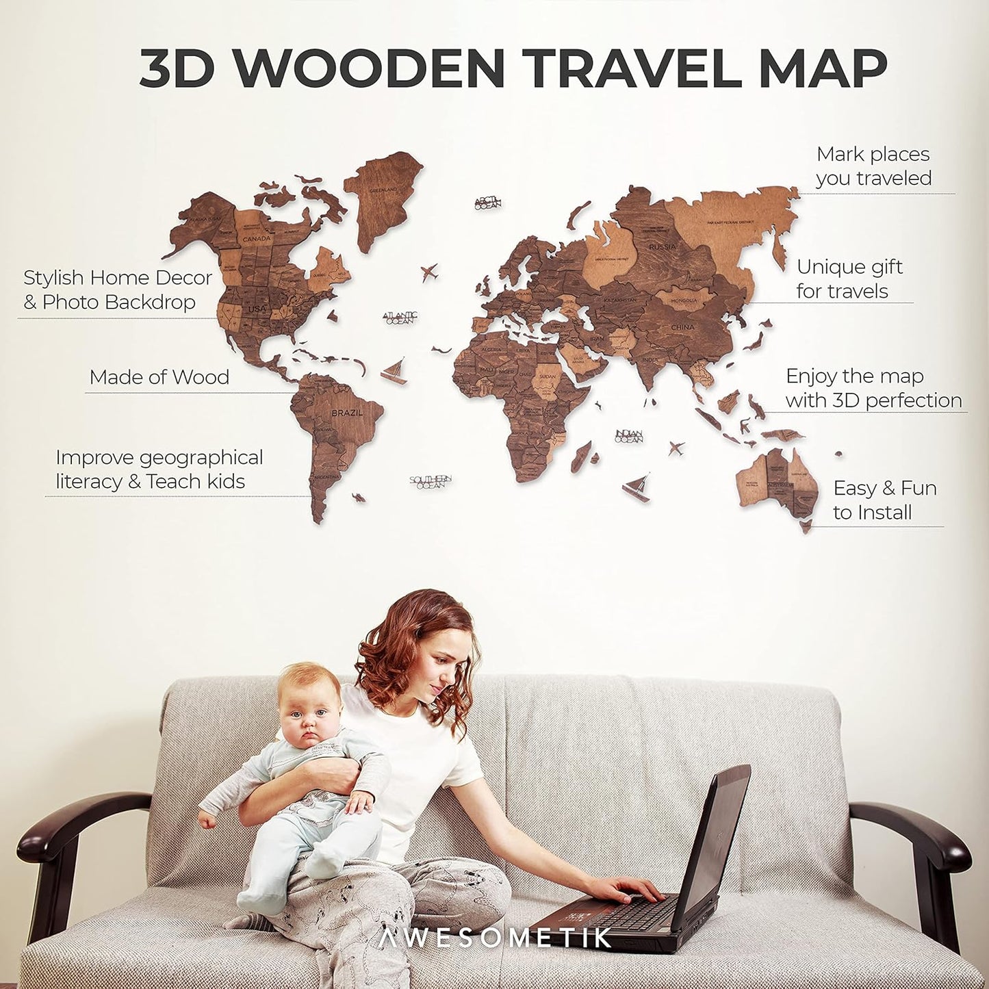 Handmade 3D Wood World Map Wall Art Large Wall Decor Track Your World Travels - Special For Home, Kitchen And Office (X-Large, Oak)
