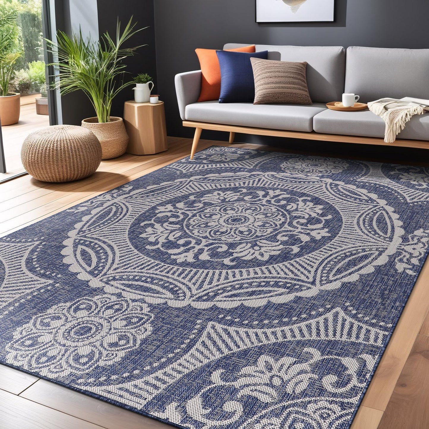 Medallion Outdoor Rug 5x7 Washable Outside Carpet for Indoor Patio Porch Waterproof Easy Cleaning Non Shedding Area Rugs Blue 5 x 7