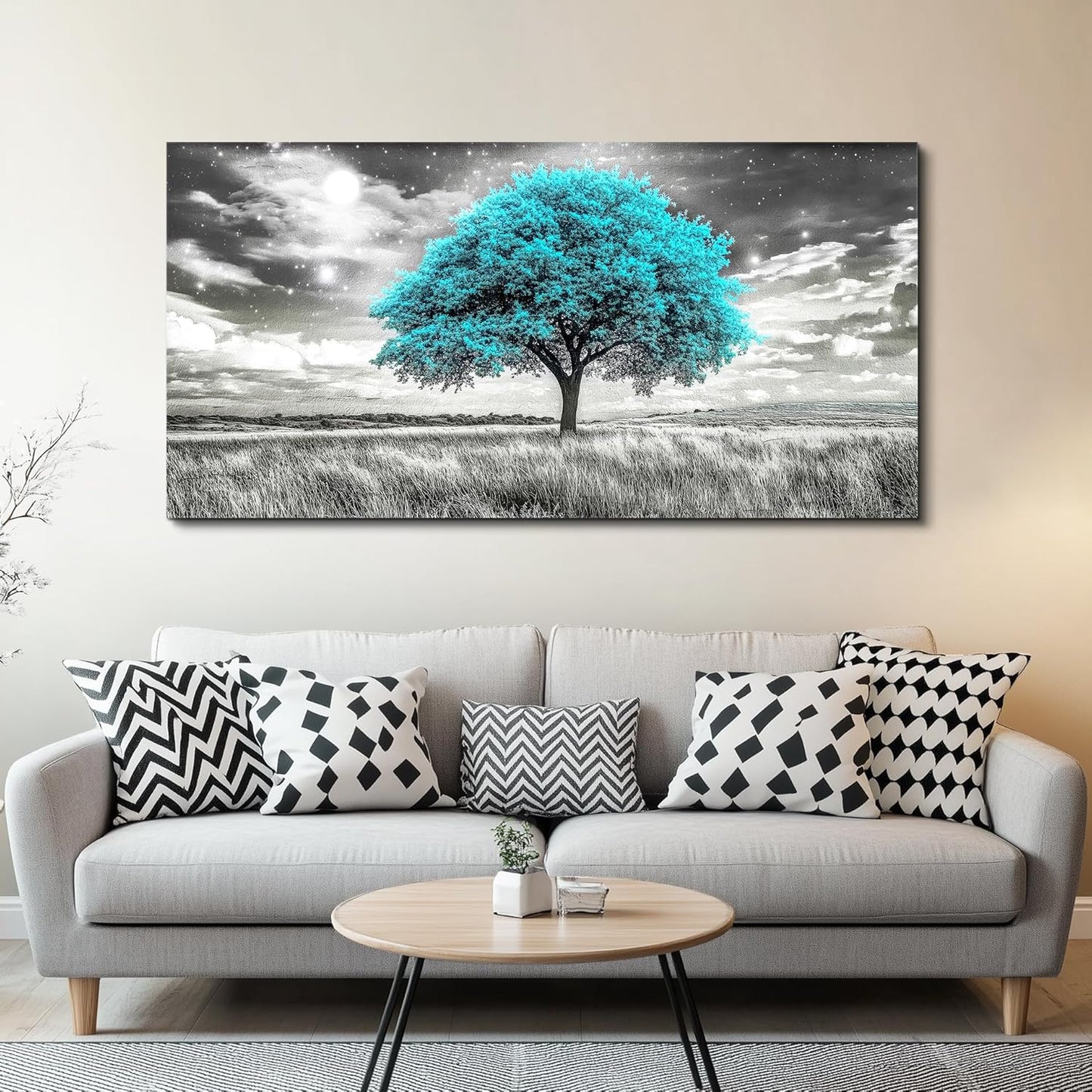 KELIYUAN Modern Canvas Print Wall Art Blue Tree Painting Full Of Stars Black And White Art pictures Natural Landscape Wall Decoration Suitable For Living Room Bedroom Office Framed Stretch 20x40 In