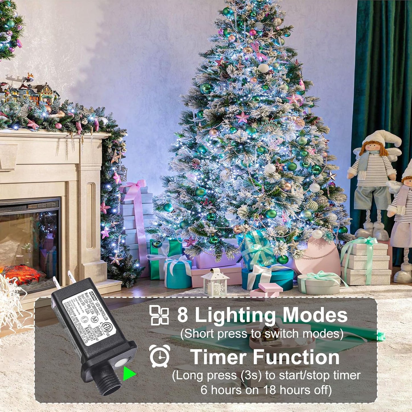Christmas Lights Outdoor, 66FT 200 LED White Christmas Tree Lights with 8 Modes Waterproof, Plug in Green Wire Connectable String Light for Indoor House Patio Wedding Party Decorations