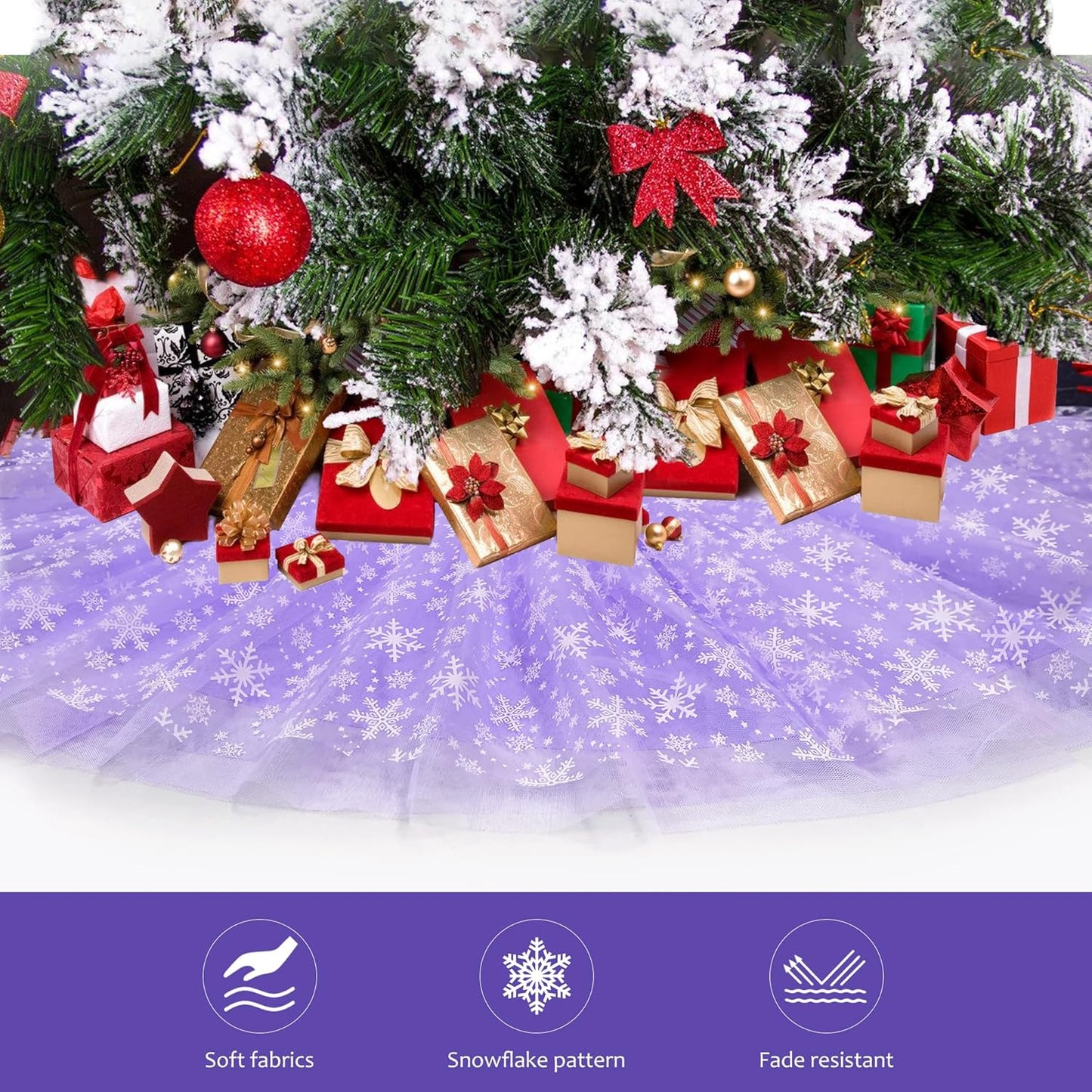 Christmas Wedding Tree Skirt, 4 Layer 45 in Snowflake Tulle Tree Decoration for Party Indoor, Fluffy Tree Cover Mat Ornament for Holiday, Purple