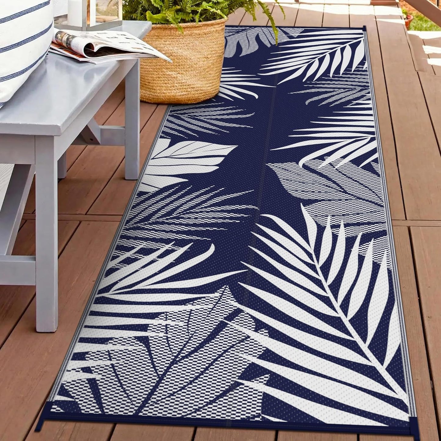 GENIMO Outdoor Rug 2.5' x 8' Waterproof for Patios Clearance, Reversible Outdoor Plastic Straw Camping Rug Carpet, Large Area Rugs Mats for RV, Camper, Deck, Balcony, Porch, Beach, Navy Blue&White