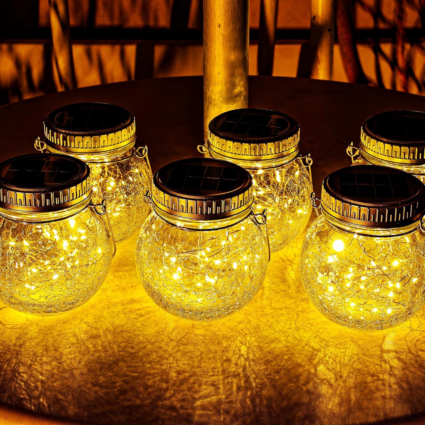 Cooo 6 Pack Crackle Glass Solar Lantern with 30 LED Firefly Lights– Waterproof Outdoor Hanging Lamp 215% Larger Solar Panel, Anti-Rust Lids Decorative Lighting for Garden Patio Table