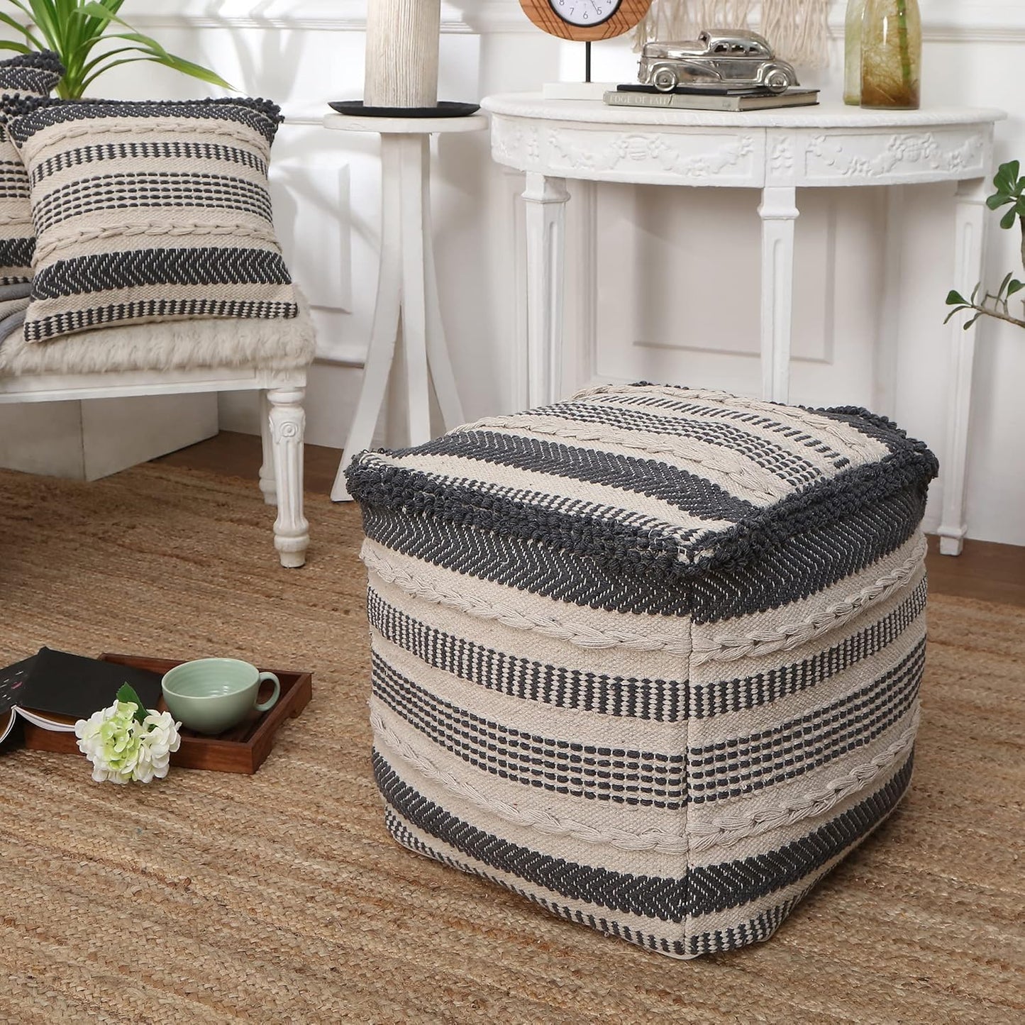 REDEARTH · Tufted Pouf Ottoman with Filler Textured Storage Cube Bean Bag Pouffe Footrest for Living Room, Bedroom, Nursery, Kidsroom; 100% Cotton (17.5"X17.5"X17.5", Precis Descant Gray)