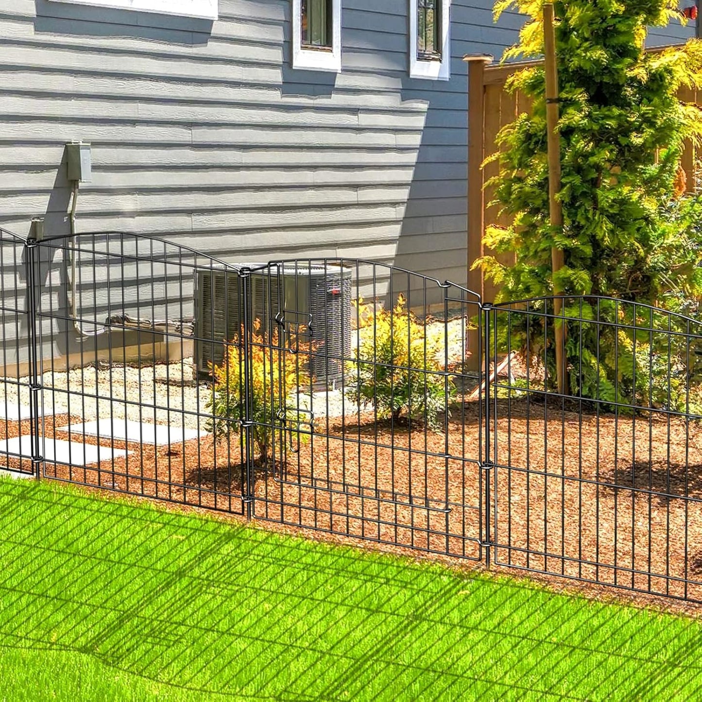 INJOPEXI Decorative Garden Fence 6 Panels 11.8ft (L)×24in (H) with 5 Panels 1 Gate Rustproof Wire No Dig Animal Barrier Fencing for Outdoor Backyard Black