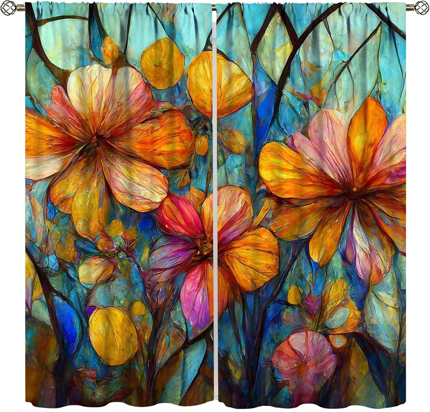 Stained Glass Curtains,Magic Forest Colorful Flowers Abstract Art Home Decor Drapes for Bedroom Living Room Kitchen Window Treatment 2 Panels Set Total Size 63" W X 63" L Inch