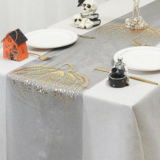 Halloween Pumpkin Table Runner Foil Metallic Thin Mesh Runners Fall Autumn Maple Leaves Table Runners for Tables Kitchen Dining Decorations Party Supplies 11*108"