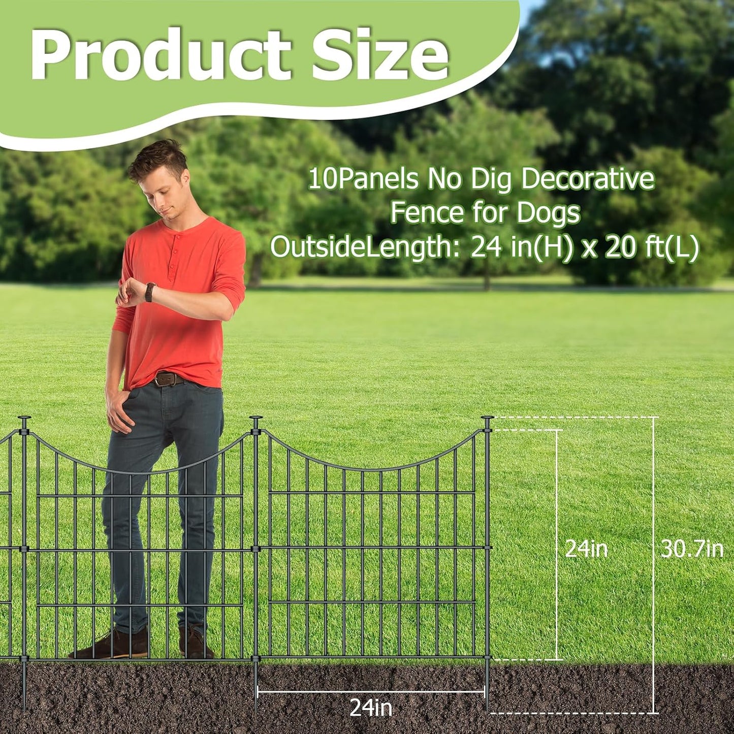 10 Panels Garden Fence Dog Fence Outdoor for Yard, 24in H x 20ft L Rustproof Metal Fencing with Ground Stakes | No Dig Animal Proof Containment for Pets/Rabbits | Durable Patio Security Panels