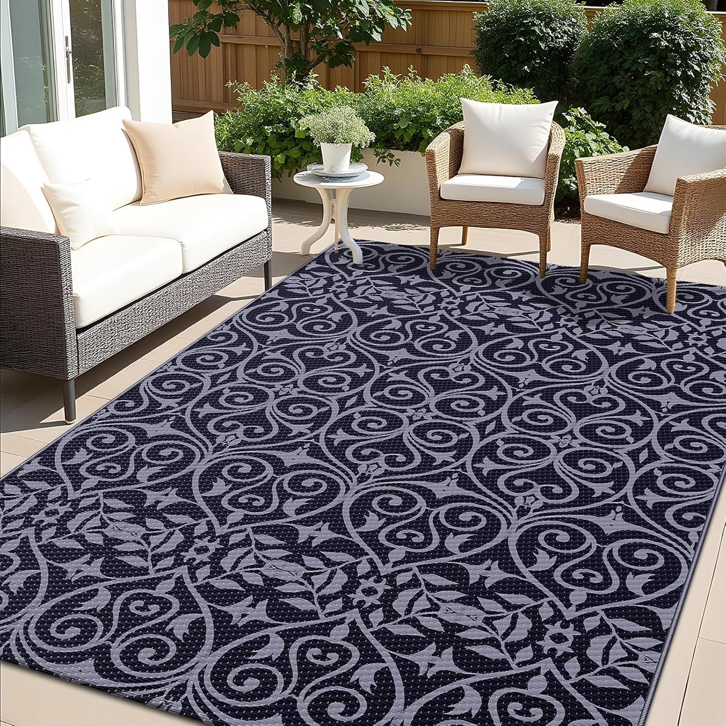 OLANLY Outdoor Rug Waterproof 5x8 ft Clearance, Reversible Outdoor Plastic Straw Rug with Floral Pattern, RV Mat for Patio, Camping, Balcony, Deck, Backyard, Black & Grey