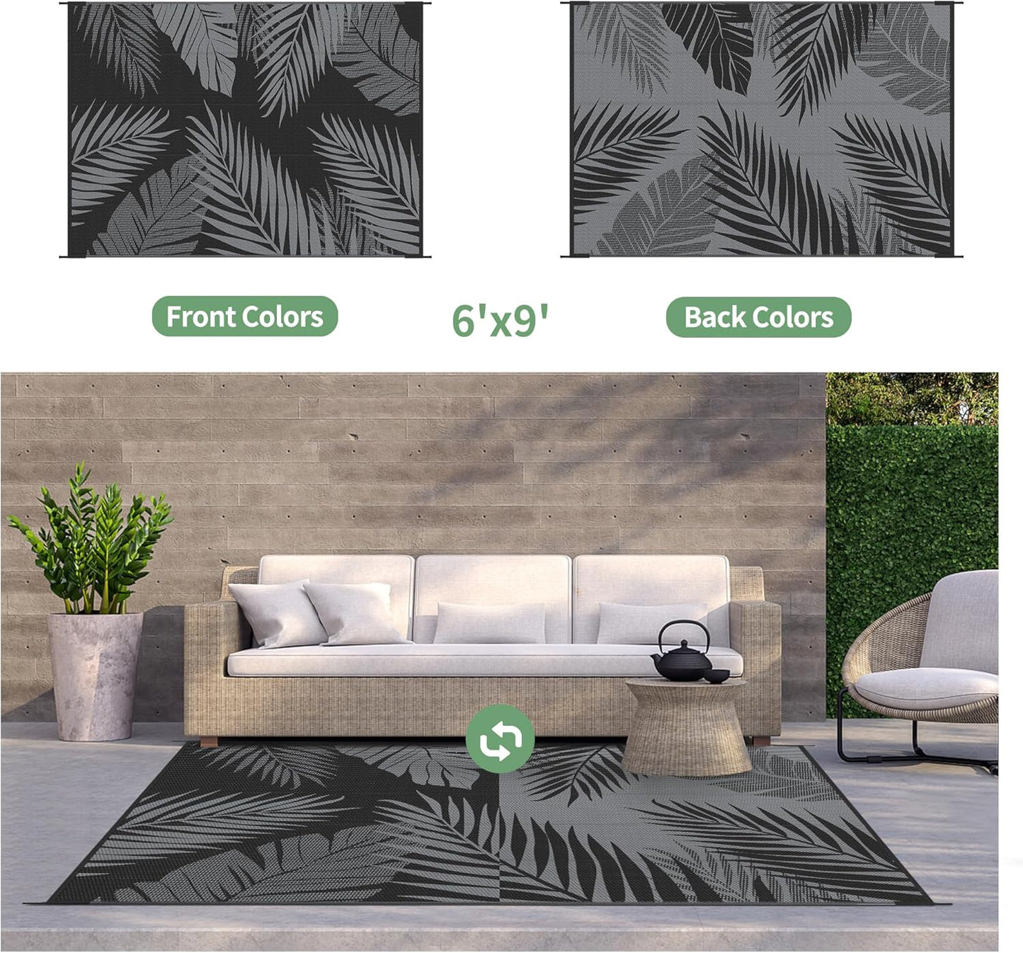 GENIMO Outdoor Rug 6' x 9' Waterproof for Patios Clearance, Reversible Outdoor Plastic Straw Camping Rug Carpet, Large Area Rugs Mats for RV, Camper, Deck, Balcony, Porch, Beach, Picnic, Black&Grey