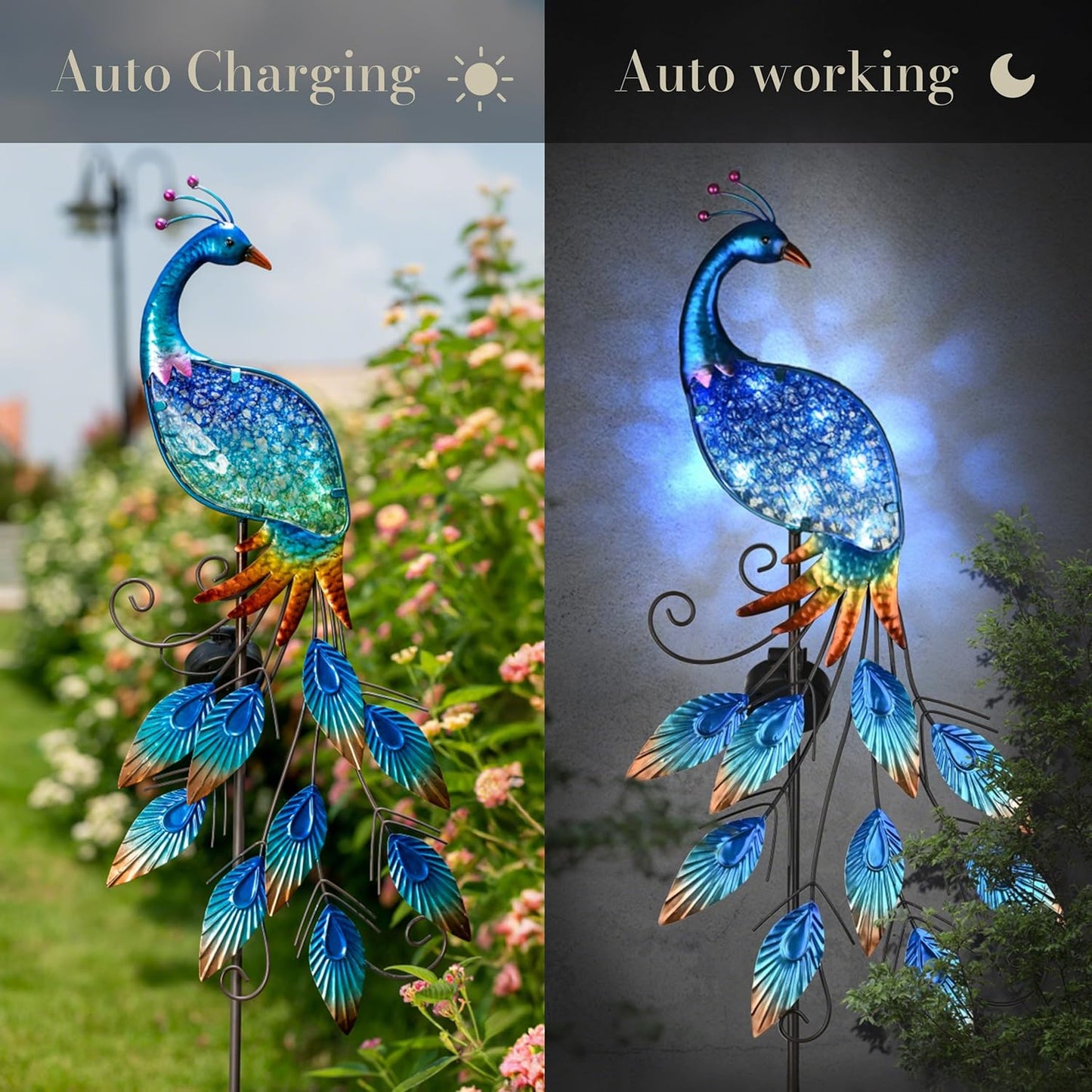 TERESA'S Collections Garden Decor Blue Peacock with Solar Outdoor Lights, 40" Glass Yard Art for Outside, Decorative Metal Stake Outdoor Decor for Lawn Decorations, Patio, Gifts for Mom