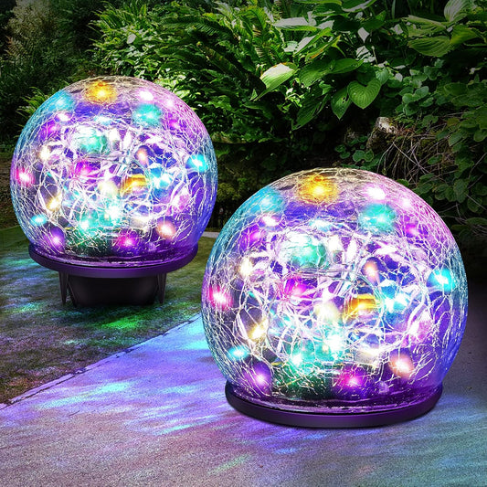 Solar Garden Lights, 2 Pack 80 LED Colored Cracked Glass, Multicolor Outdoor Decorative Ball Lights for Yard, Pathway, Patio, Christmas, 4.73