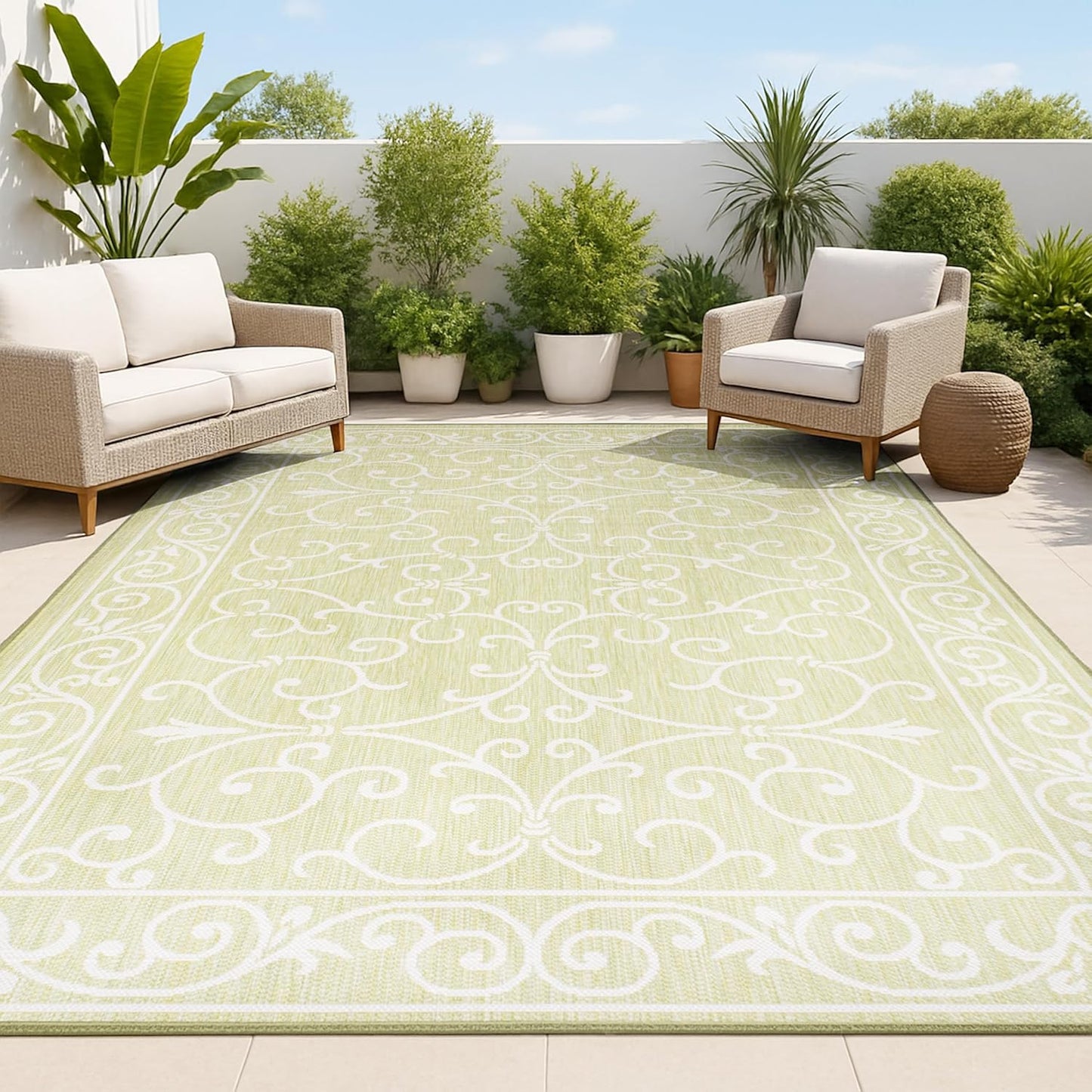 JONATHAN Y Vintage Filigree Indoor Outdoor Area Rug 9X12 Green/Cream, Charleston Textured Weave for Backyard, Patio, Porch, Easy-Cleaning, High Traffic, Pet-Friendly, Non-Shedding (SMB106H-9)