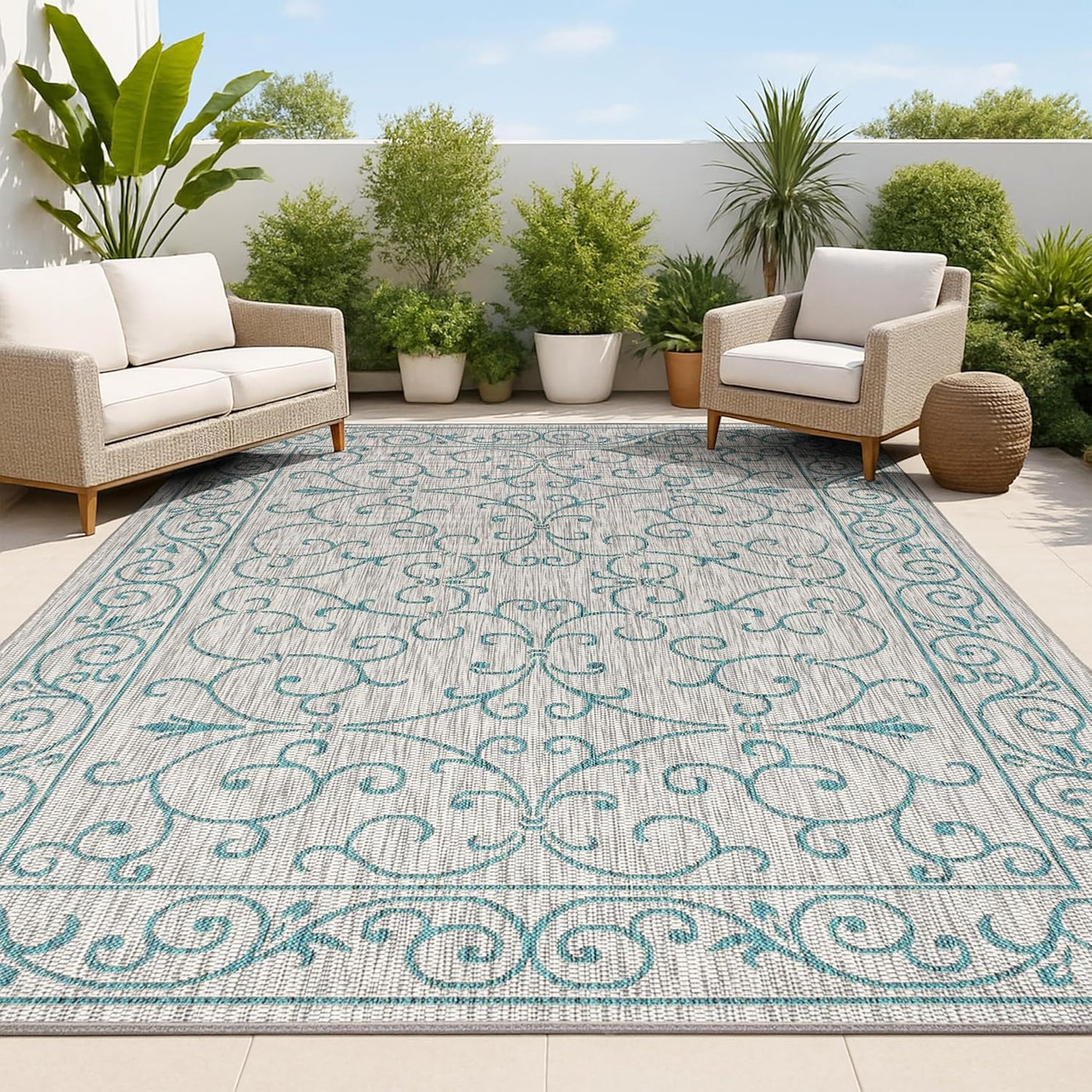 JONATHAN Y Vintage Filigree Indoor Outdoor Area Rug 5X8 Gray/Teal, Charleston Textured Weave for Backyard, Patio, Porch, Easy-Cleaning, High Traffic, Pet-Friendly, Non-Shedding (SMB106E-5)