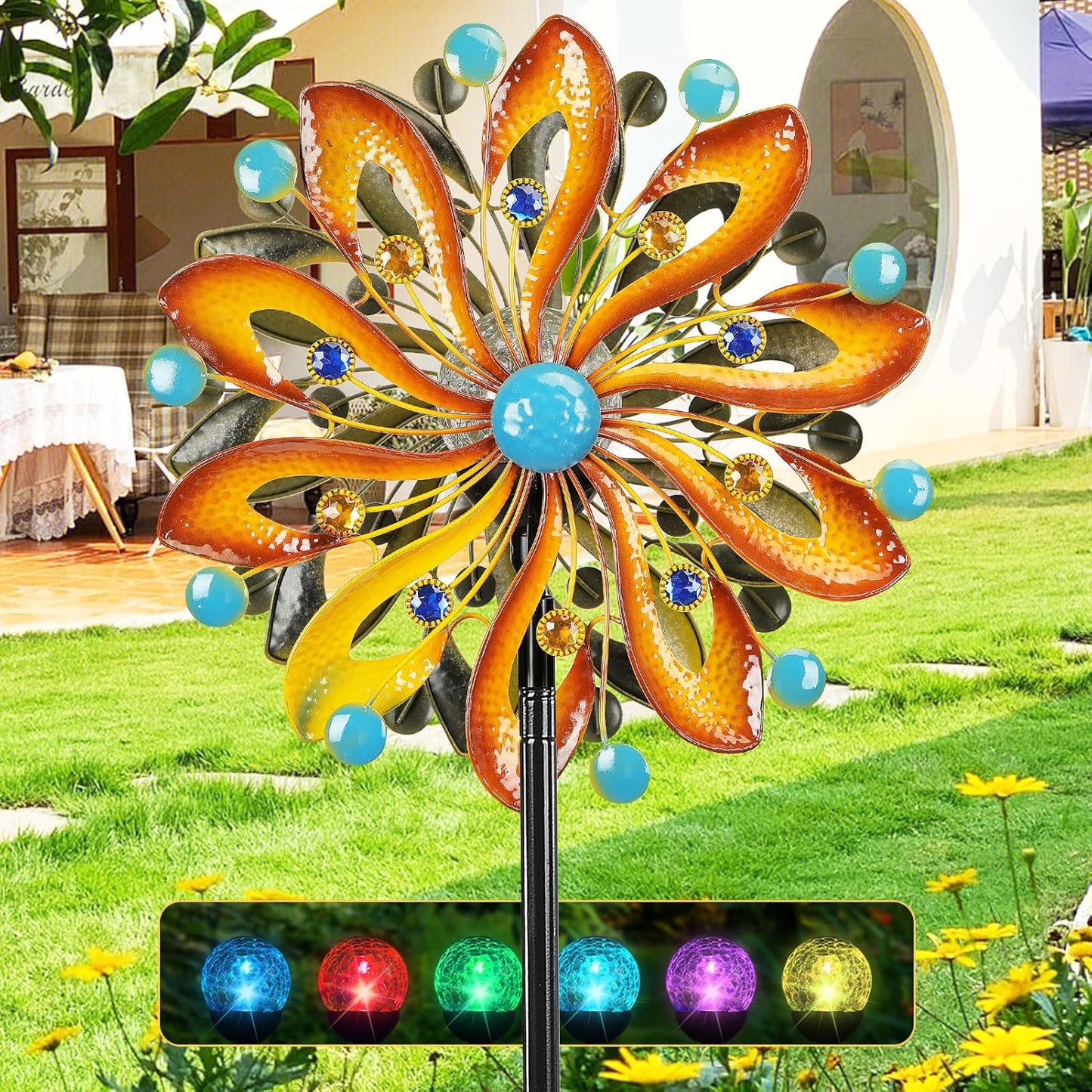 Wind Spinners for Yard and Garden - Wind Sculptures & Spinners 75 in Garden Kinetic Art with Solar Powered Multi-Color Glass Ball Light - Gradient Brown