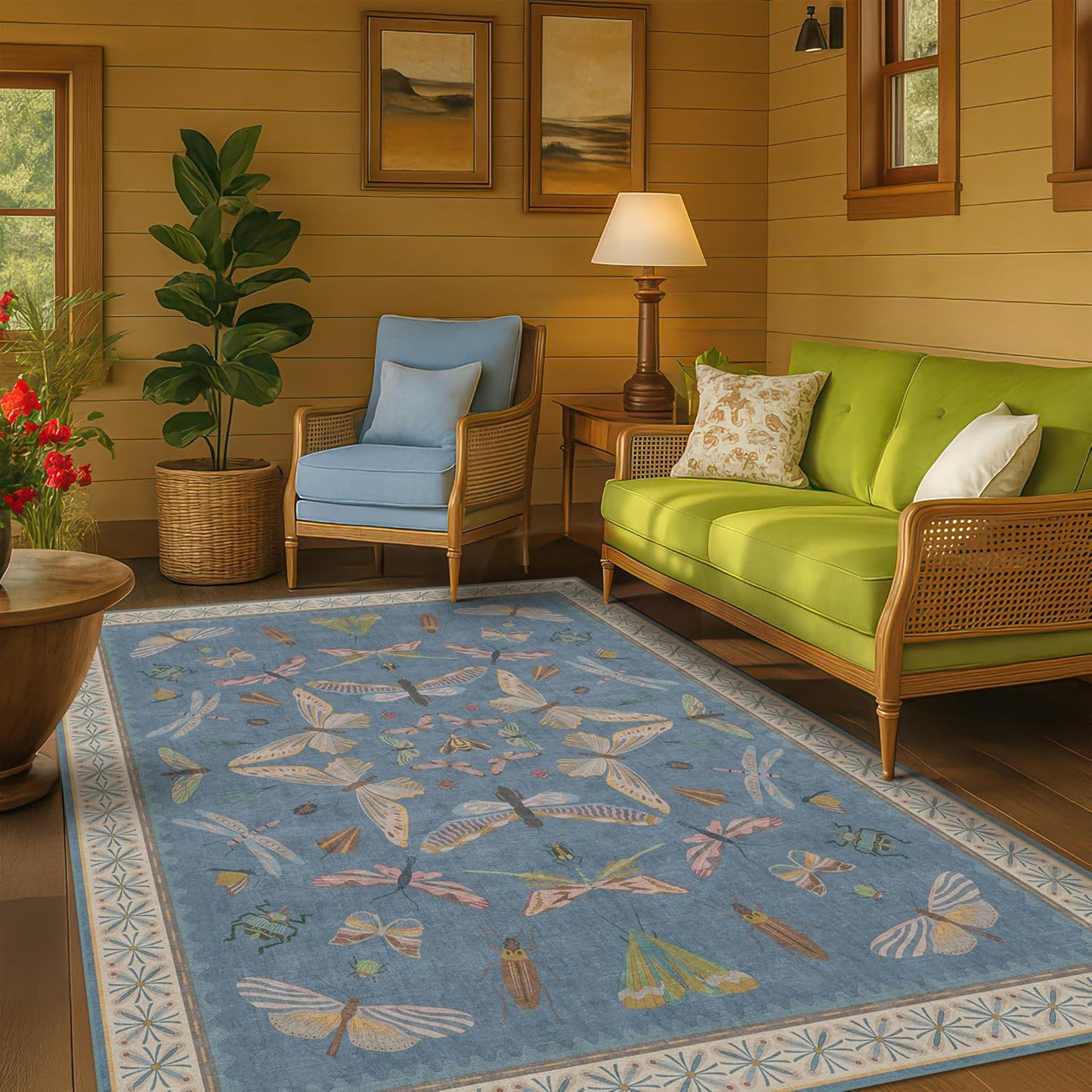 Modern Rugs for Living Room - 5x8 Moth Blue Carpet for Bedroom Under Bed, Girls Room Rug for Kids, Washable Non Slip Soft Floor Décor