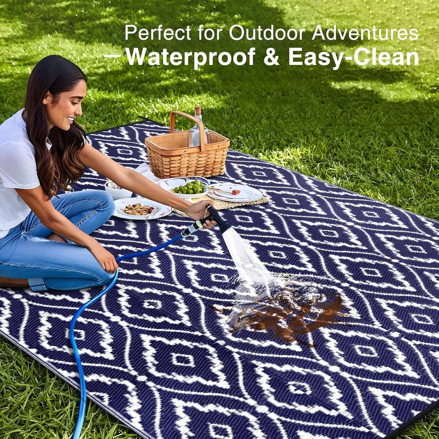 OLANLY Outdoor Rug 9x12 ft Waterproof, Outdoor Plastic Straw Rug with Geometric Pattern Clearance, Reversible RV Mat for Patio, Camping, Balcony, Deck, Backyard, Navy & White