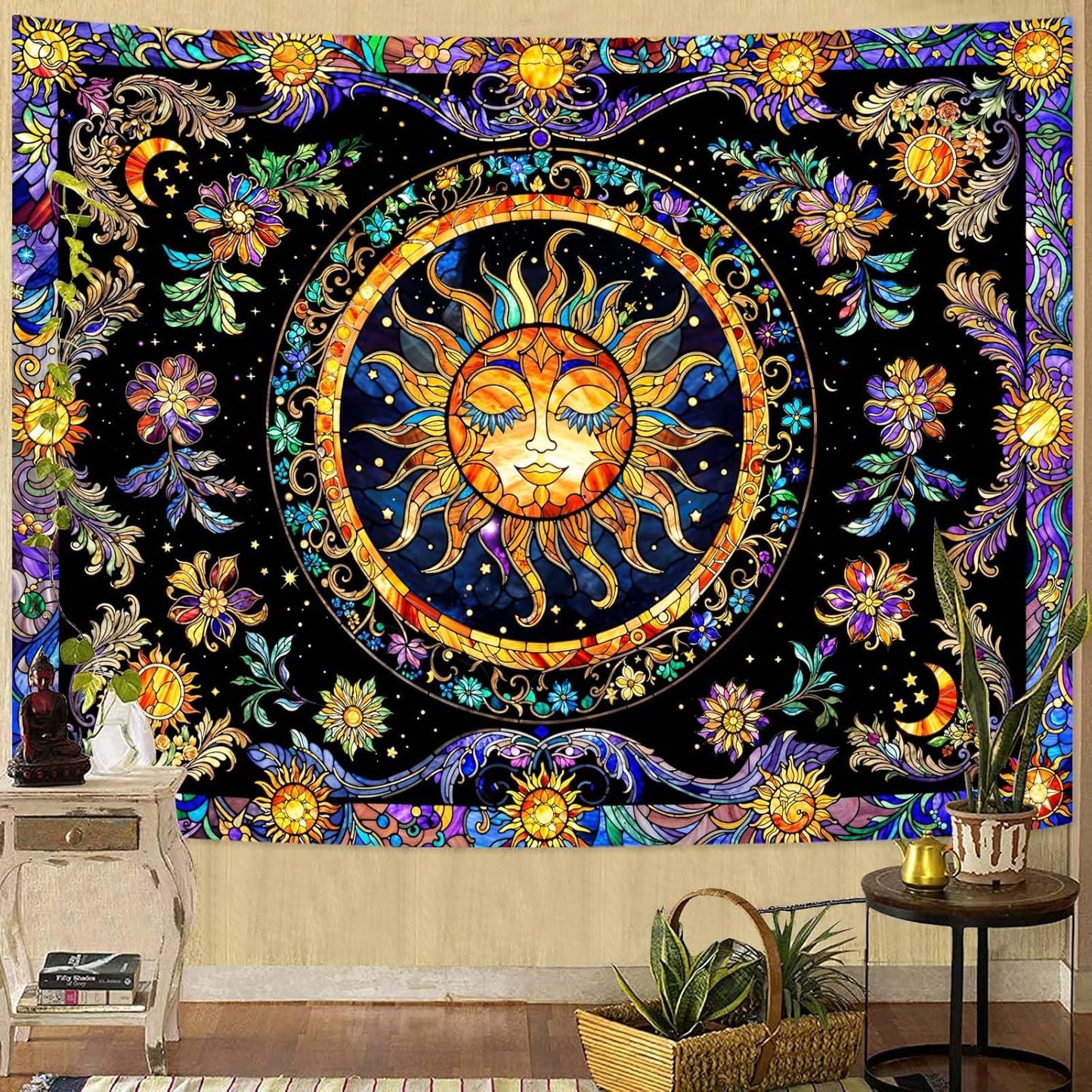 Lunerfex Sun Tapestry Stained Glass Tapestry Wall Decor Tapestries for Bedroom Boho Tapestries Wall Hanging for Bedroom Living Room Glass-Sun-01 44"x60"