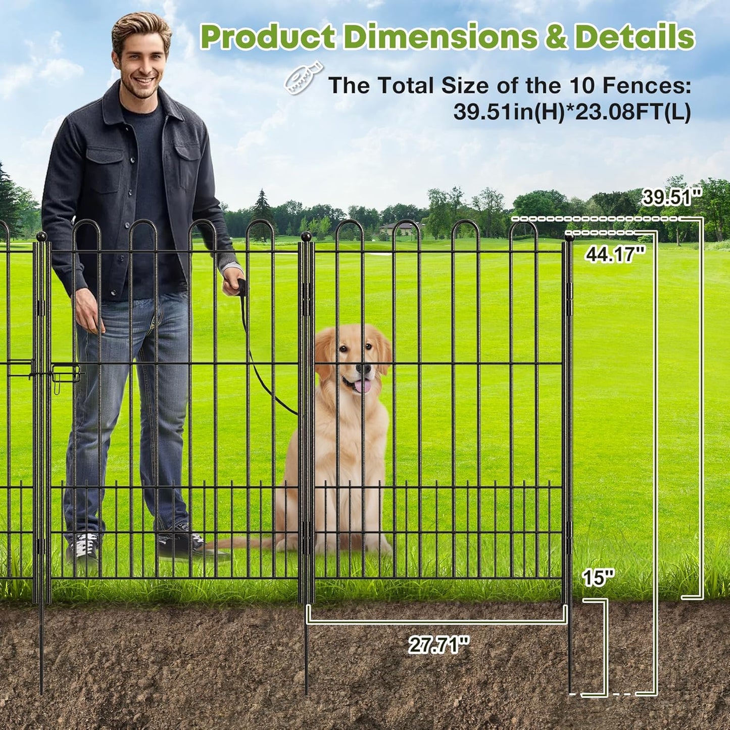 10 Panels Decorative Garden Fence with U-Shape and Latch Gate, 39.51 in(H) X 23.08 ft(L) Dog Fence Outdoor for Yard Security, Garden Fencing Includes Deep Stakes