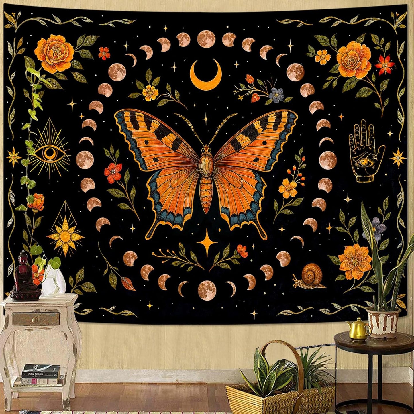 Lunerfex Moon Phase Butterfly Floral Wall Tapestry, Celestial Botanical Tapestries for Room Decor, Mystical Tapestry 60x44 Inch