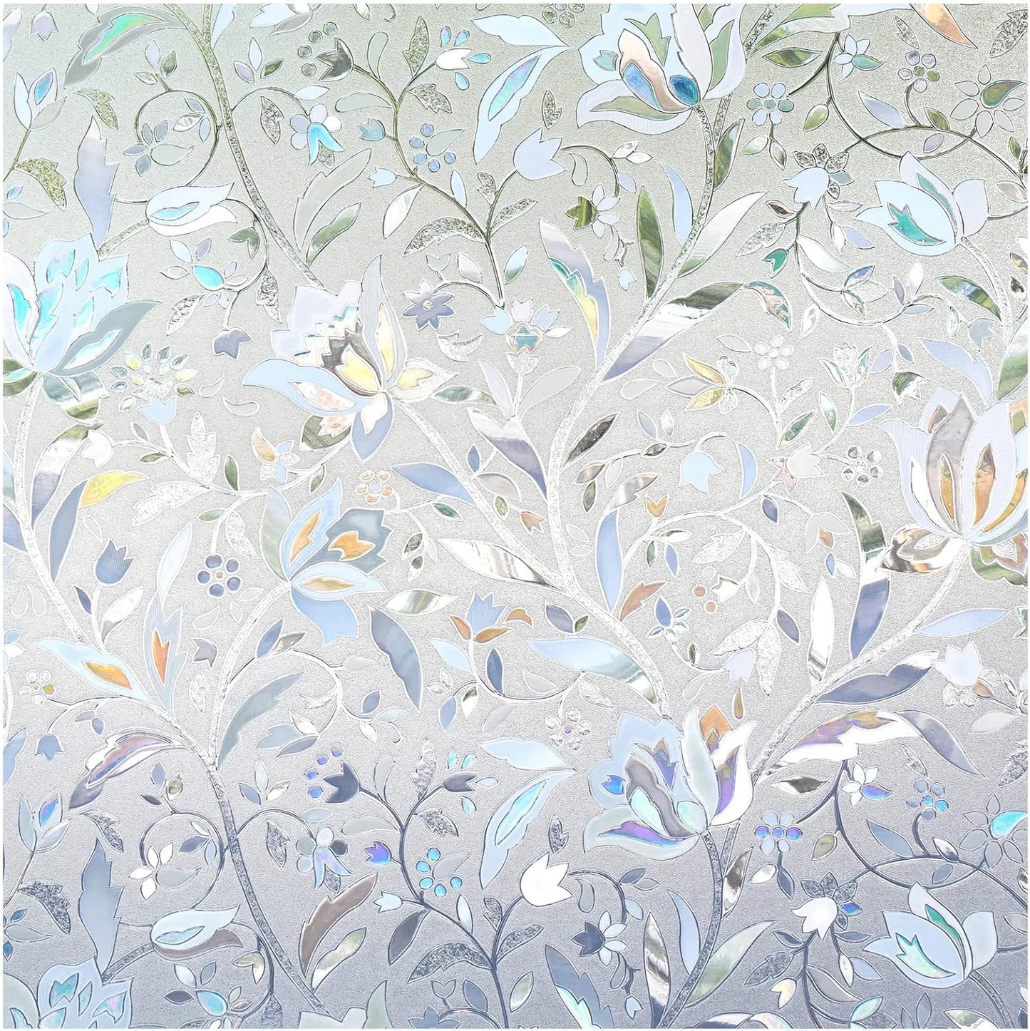 DOWELL Window Privacy Film, 3D Stained Glass Rainbow Films, Decorative Window Vinyl Sun Blocker Door Covering, Static Cling Non-Adhesive Glass Sticker for Home, Blooming Flowers, 23.6"x118.1"